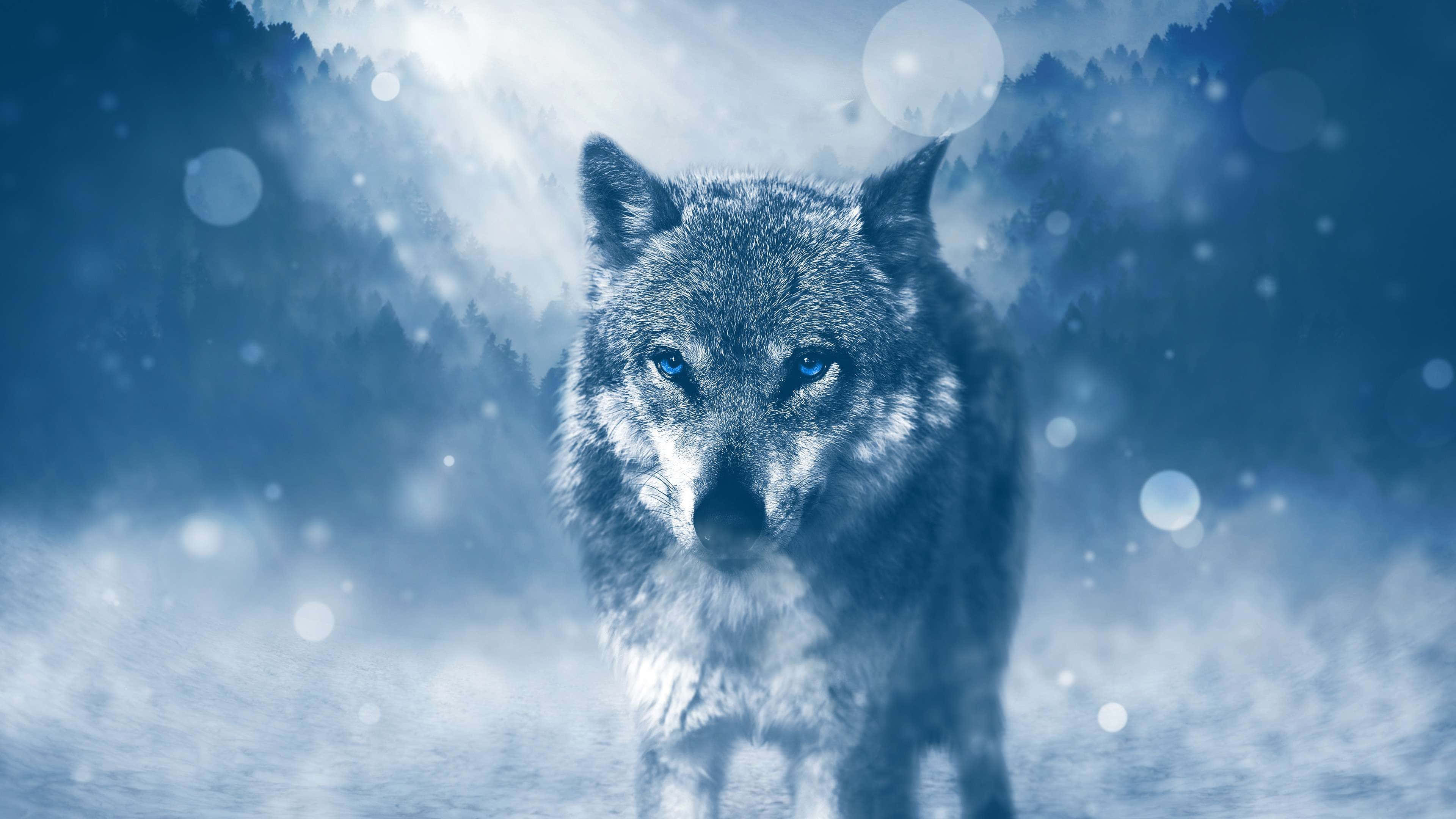Pretty Wolf, piercing blue eyes, snowy forest, 4K Desktop Wallpaper