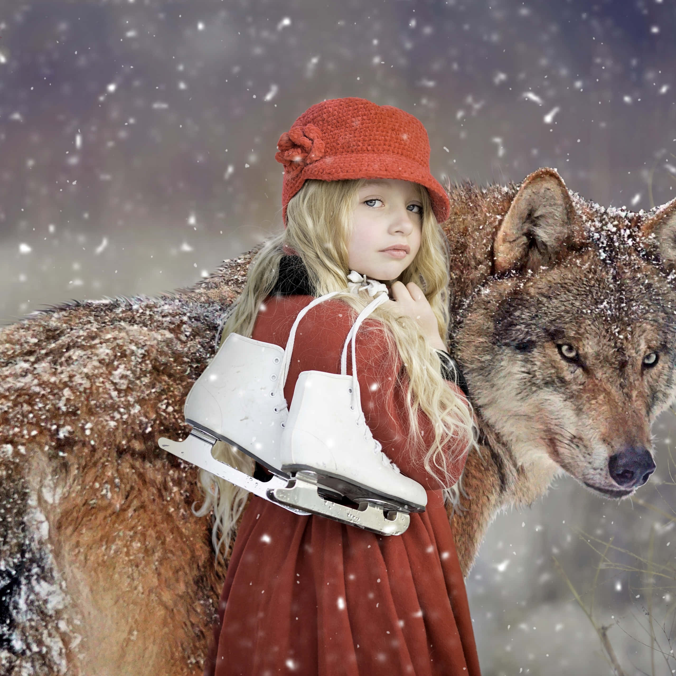 Pretty Wolf, red dress, hat, 2K Desktop Wallpaper