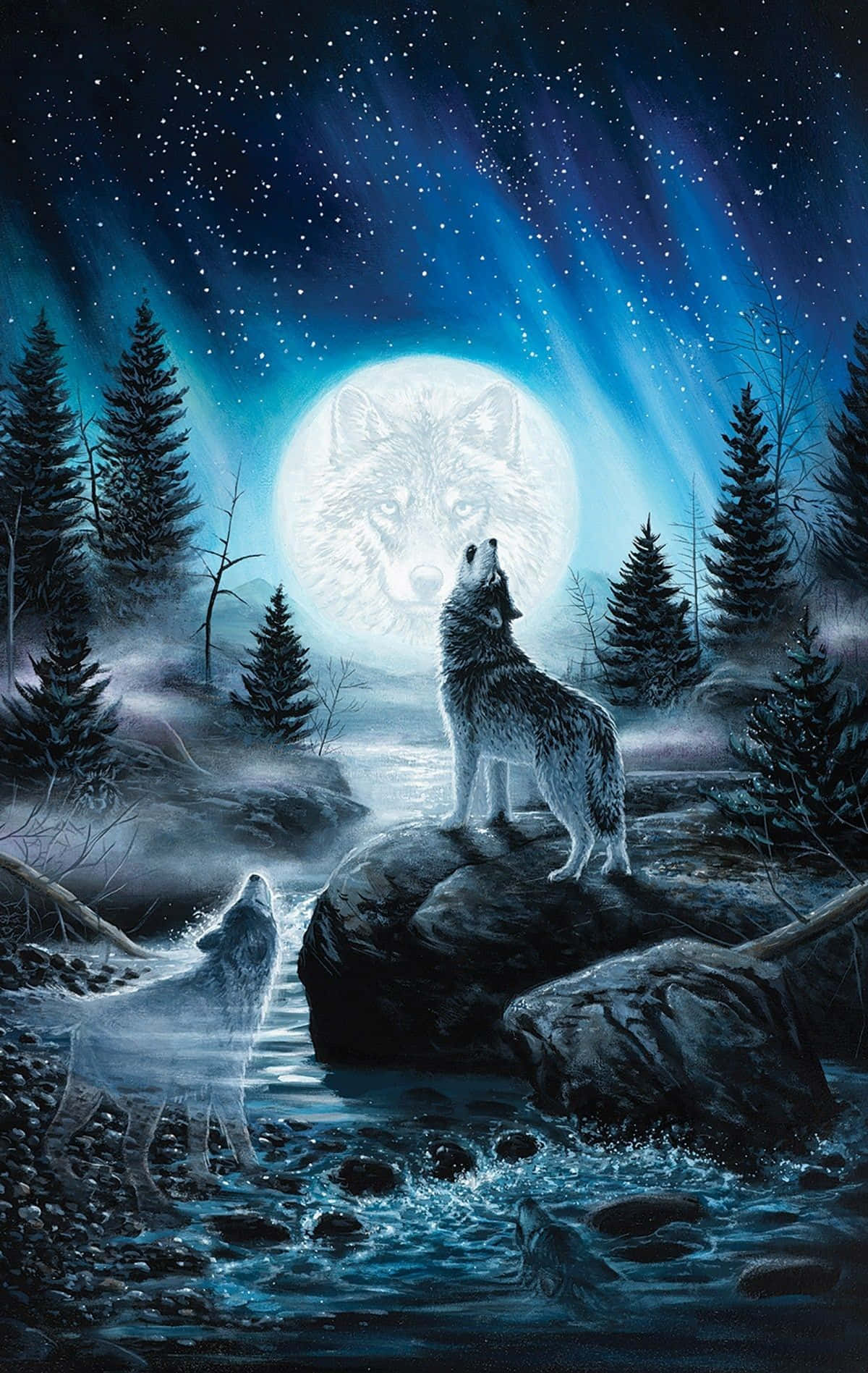 Pretty Wolf, glowing moon, river, HD Phone Wallpaper