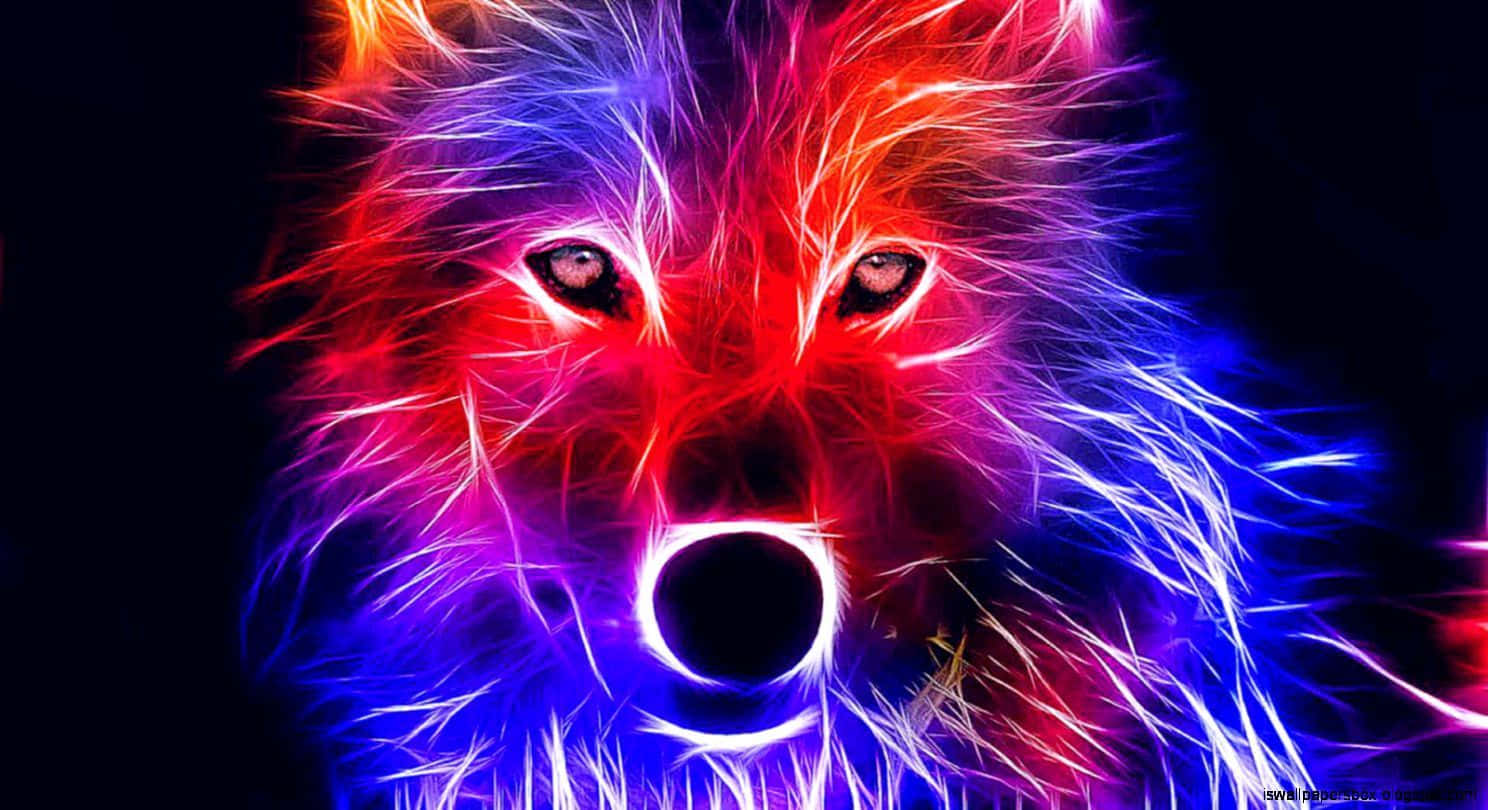 neon-lit wolf head, electric red blue and purple fur, black background, HD Desktop Wallpaper