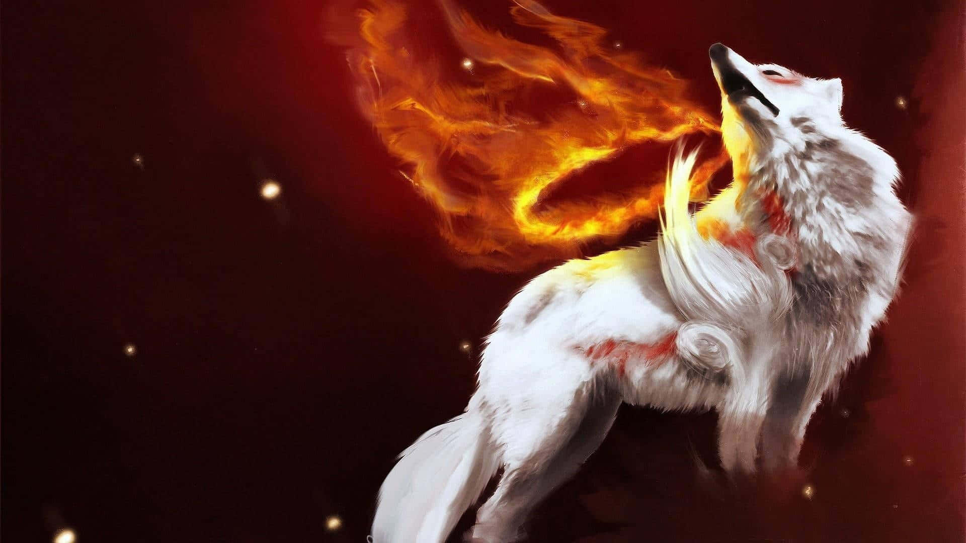 Pretty Wolf, white wolf, fiery flames, Full HD Desktop Wallpaper