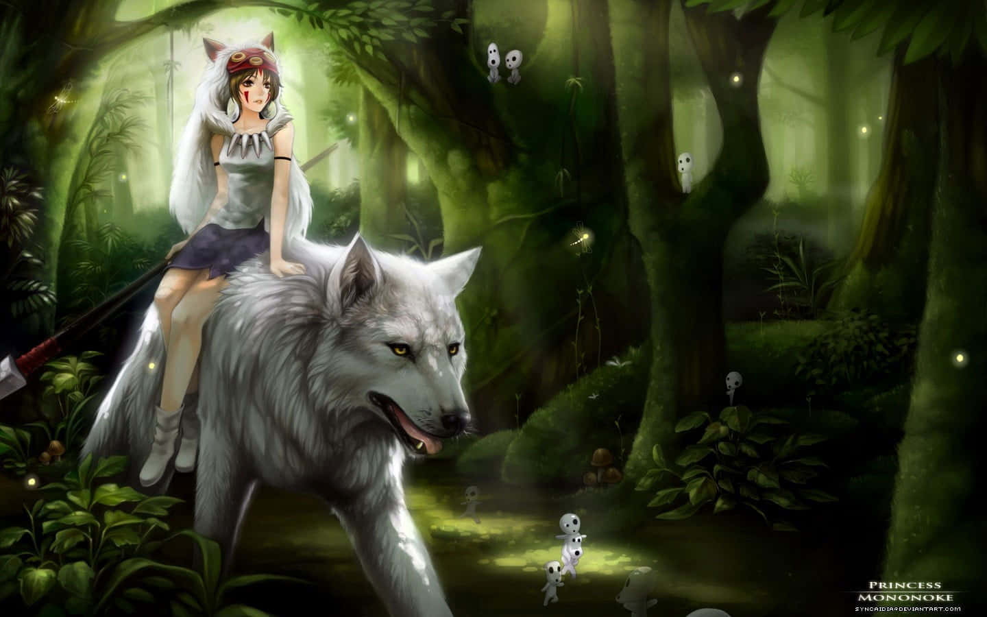 Pretty Wolf, white wolf, mystical green forest, HD Desktop Wallpaper