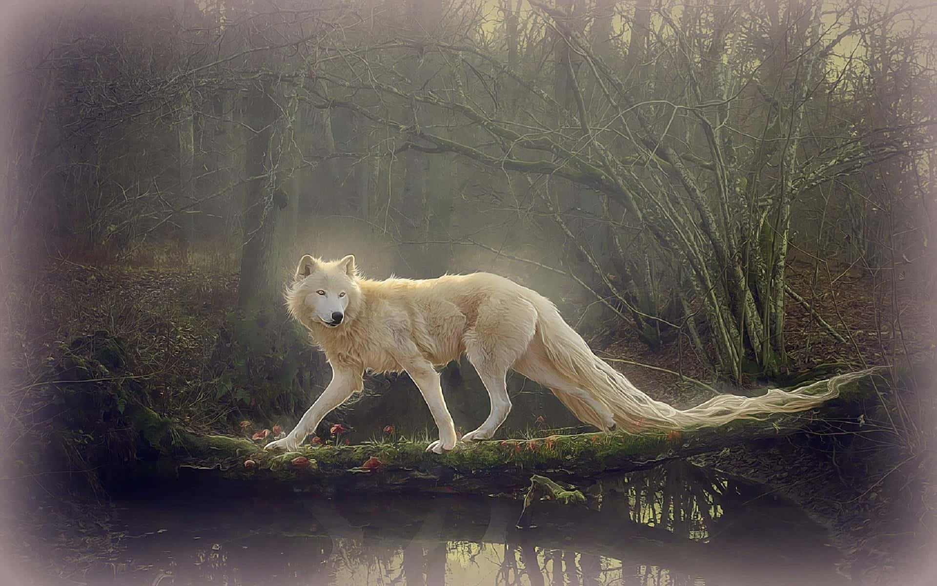 Pretty Wolf, mossy log, misty forest stream, Full HD Desktop Wallpaper