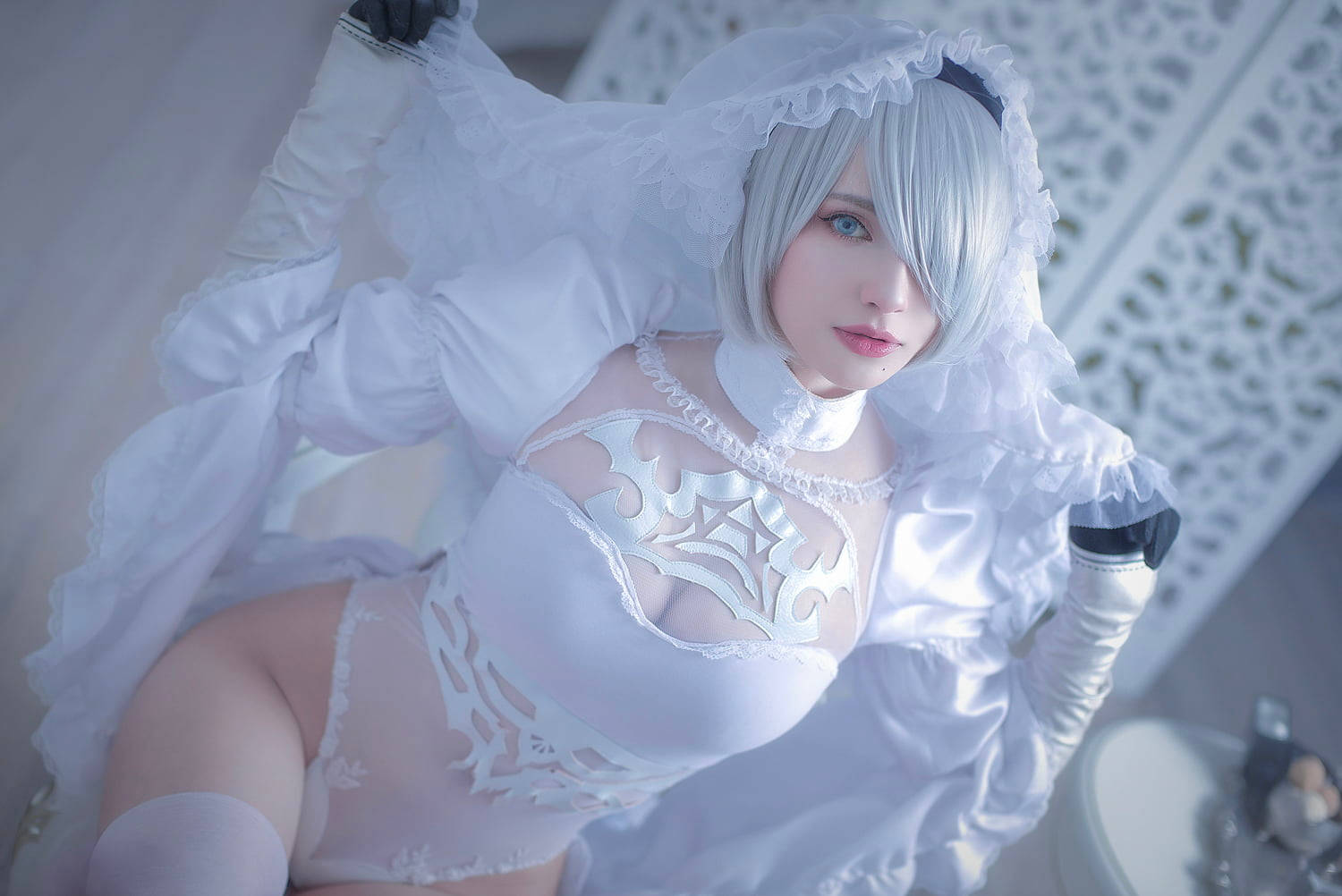 2B, white maid outfit, lace, HD Desktop Wallpaper
