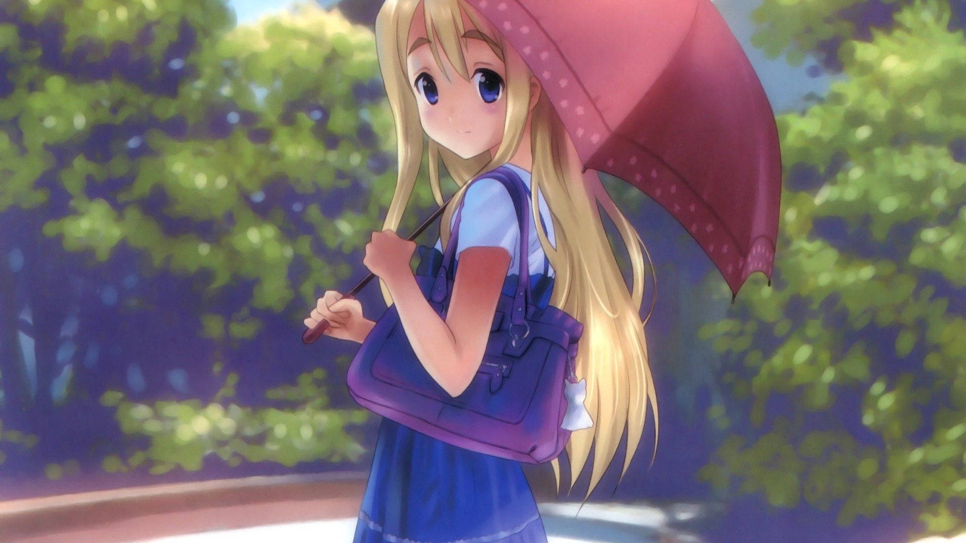 blonde anime umbrella girl, pink umbrella, blue dress, Full HD Desktop Wallpaper