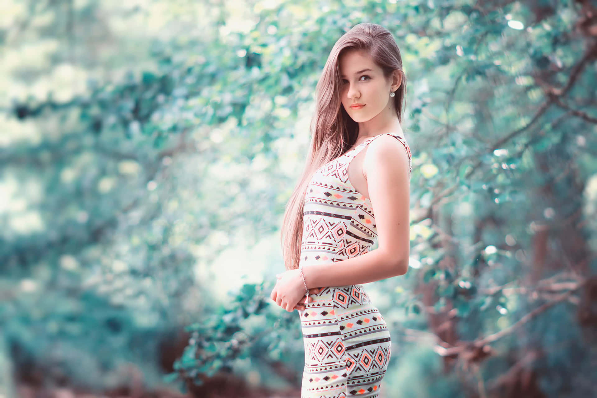 pretty teen fabulous girl, patterned dress, sunlit forest, Full HD Desktop Wallpaper