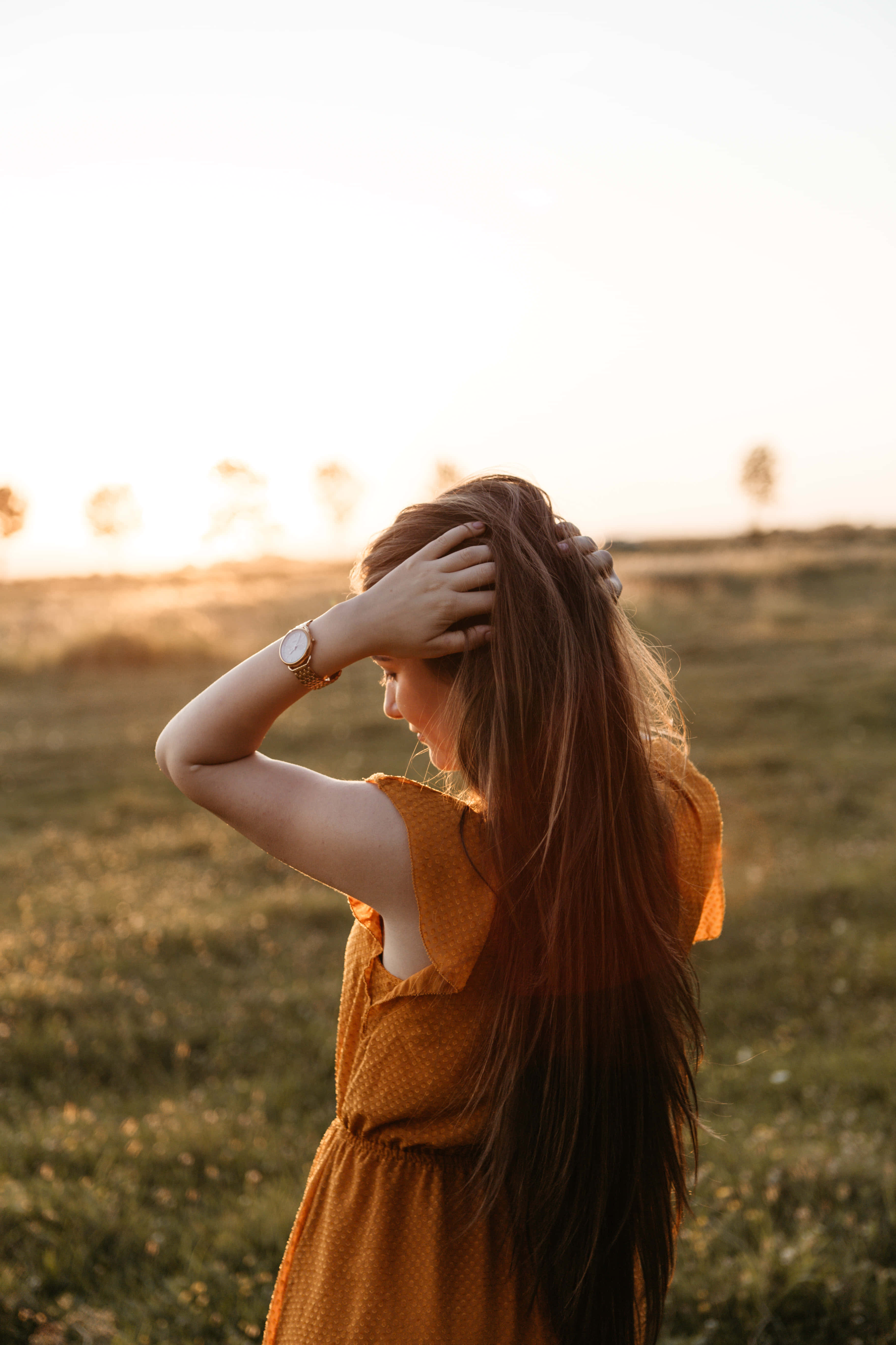 mustard dress, sunlit field, golden hour, 5K Phone Wallpaper