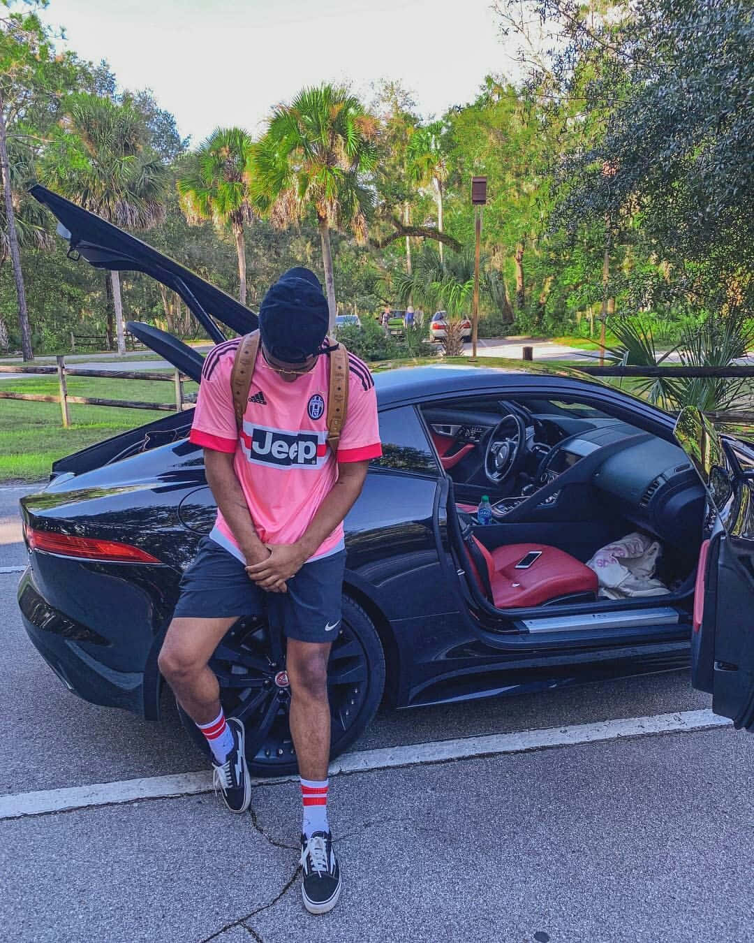 Prettyboyfredo, pink Juventus shirt, black sports car, HD Phone Wallpaper
