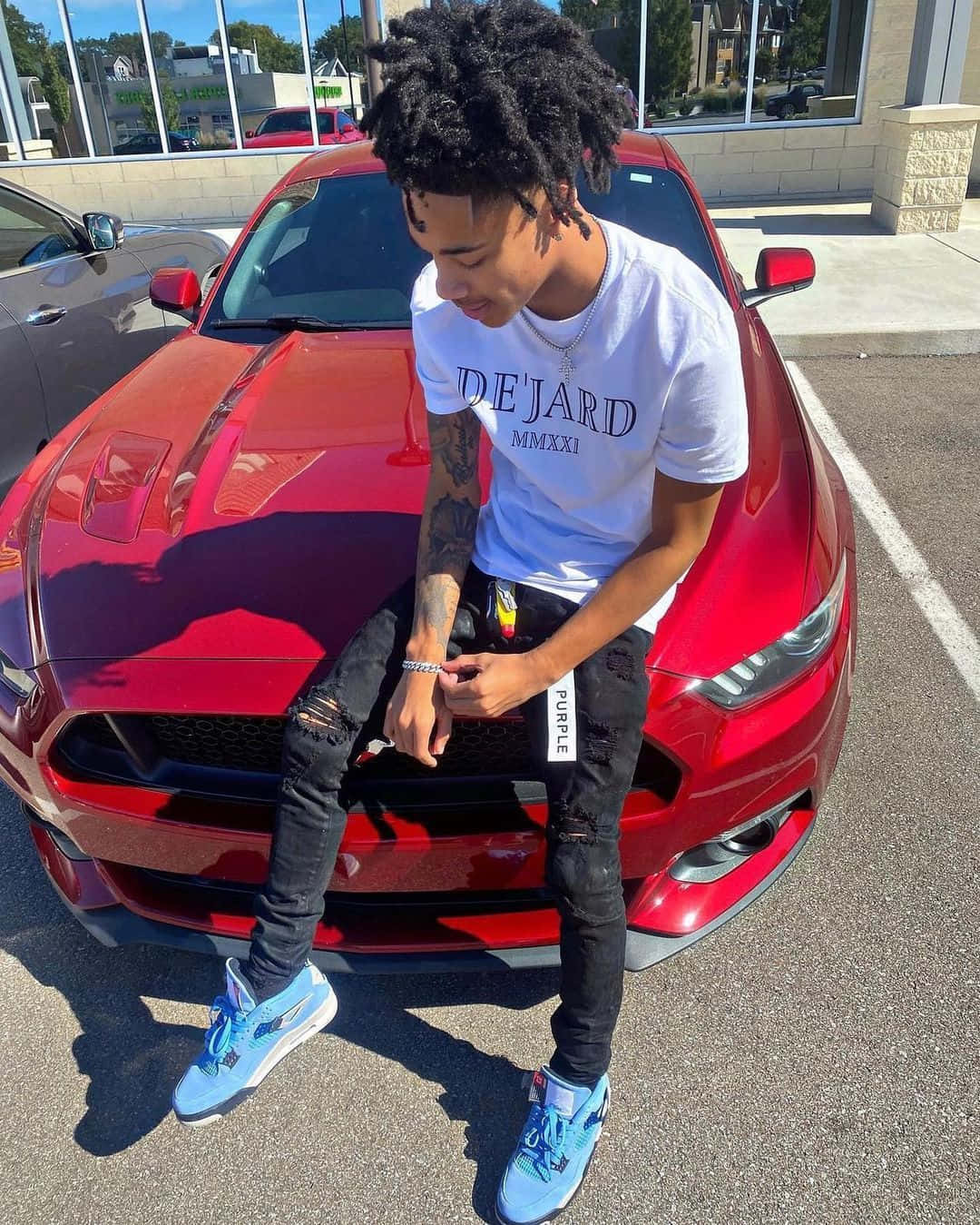Prettyboyfredo, red sports car, sunny parking lot, HD Phone Wallpaper