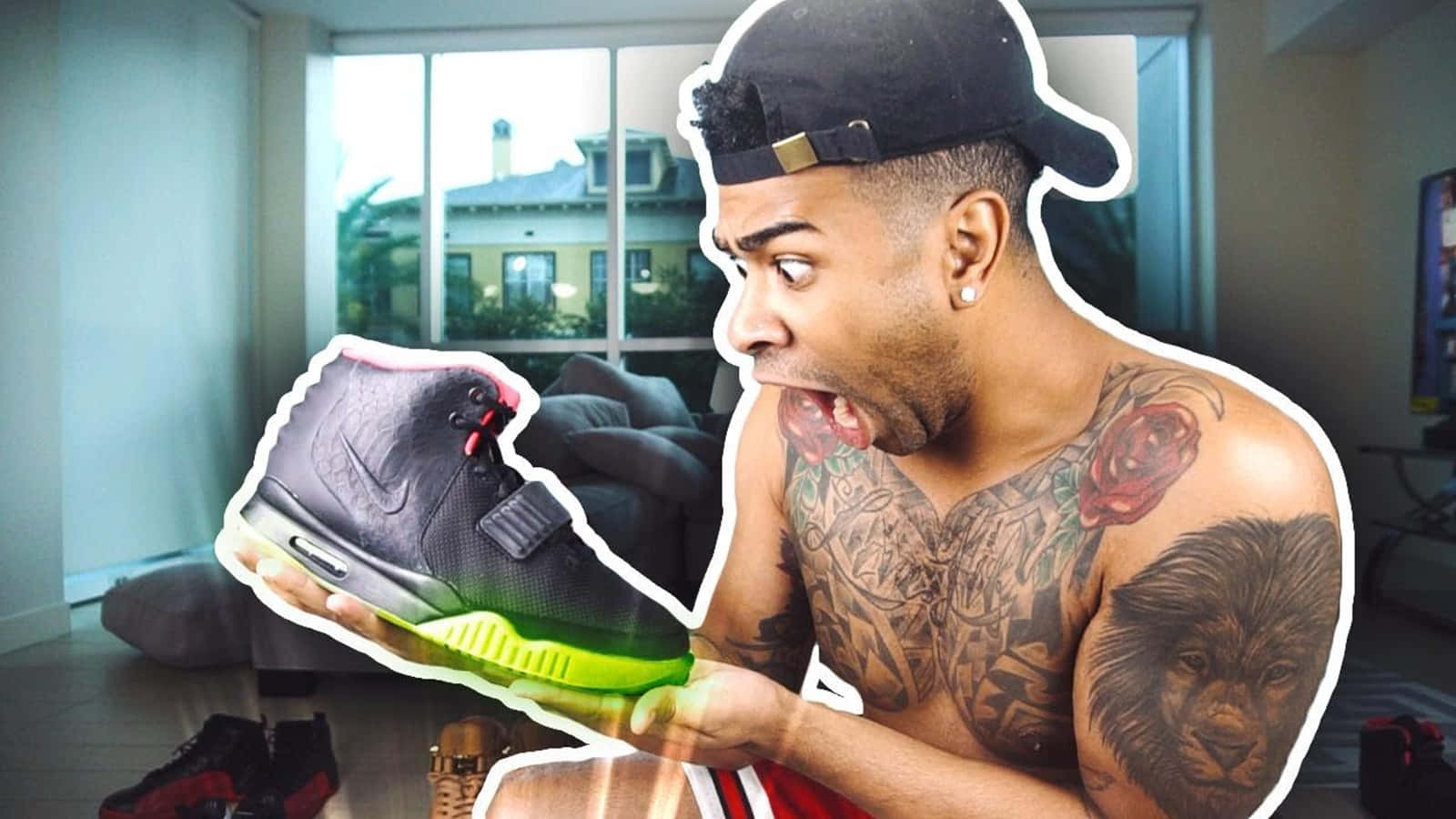 Prettyboyfredo, black and neon green sneaker, tattooed man, HD Desktop Wallpaper