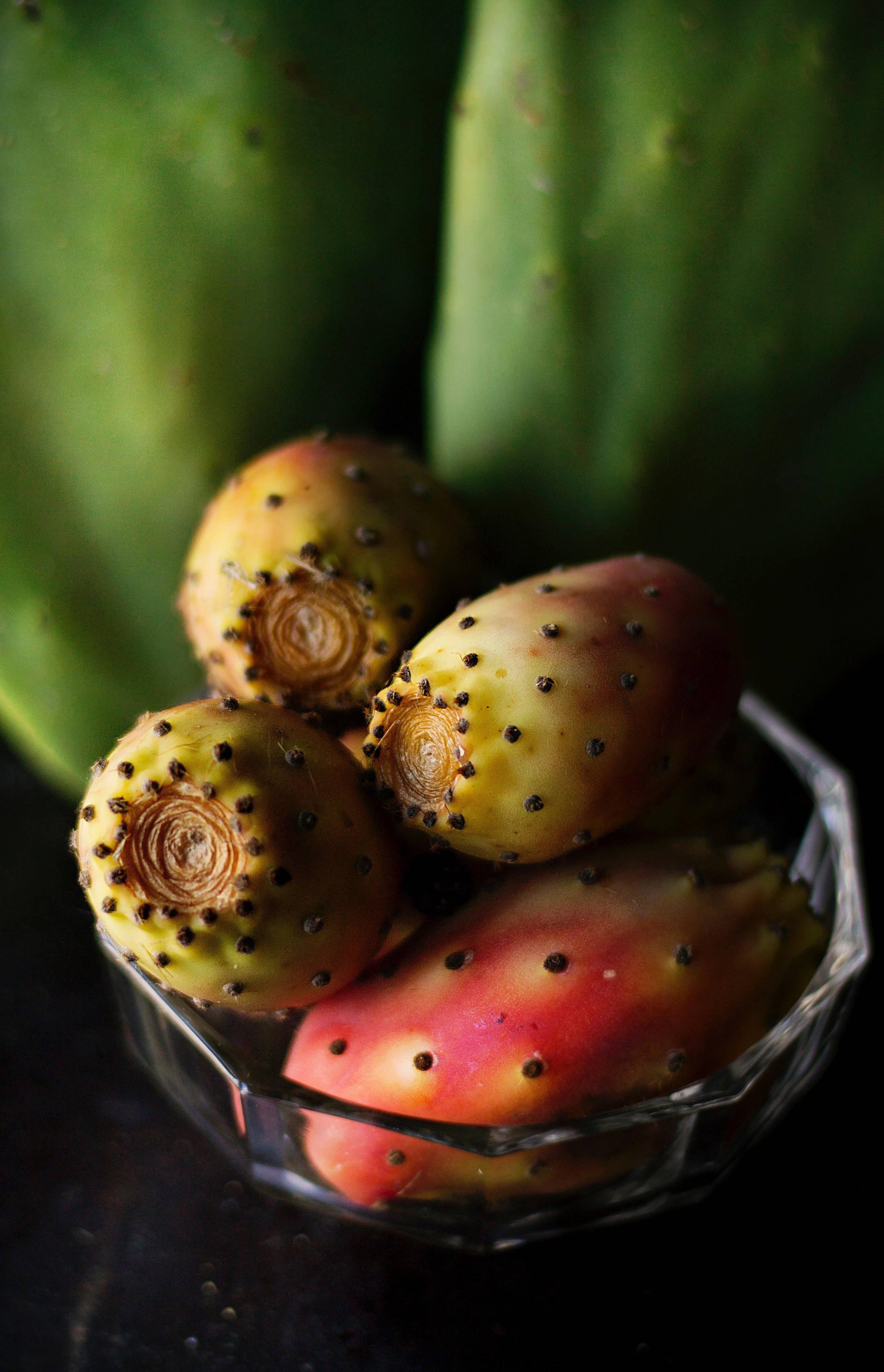 prickly pear fruit, spiky texture, faceted glass bowl, 4K Phone Wallpaper