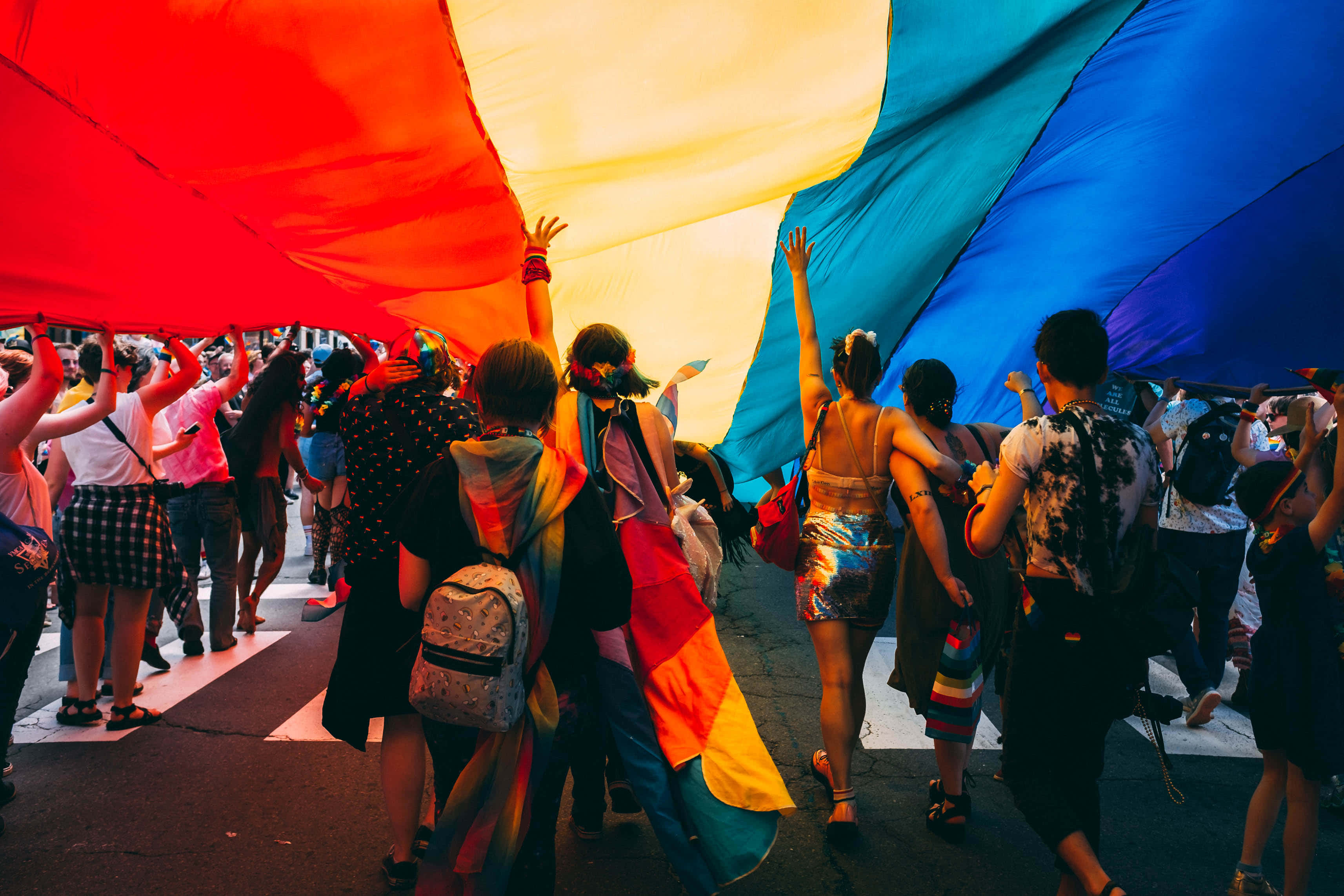Pride Desktop, rainbow flag, crowd of diverse people, 2K Desktop Wallpaper