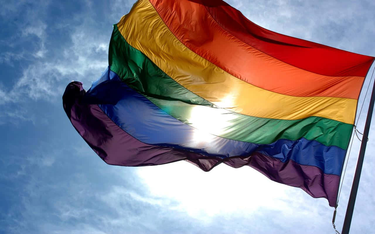 rainbow flag, blue sky, scattered clouds, HD Desktop Wallpaper