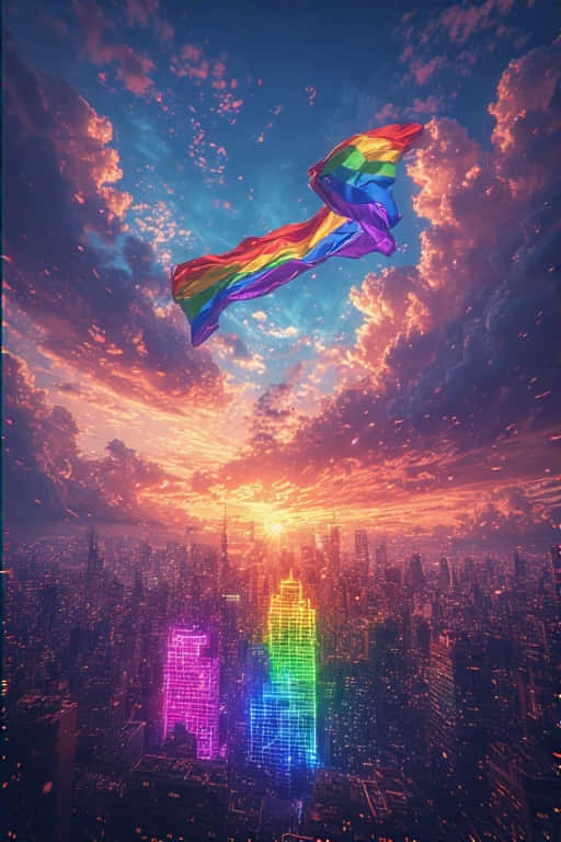 rainbow flag, city skyline, sunset, SD Phone Wallpaper