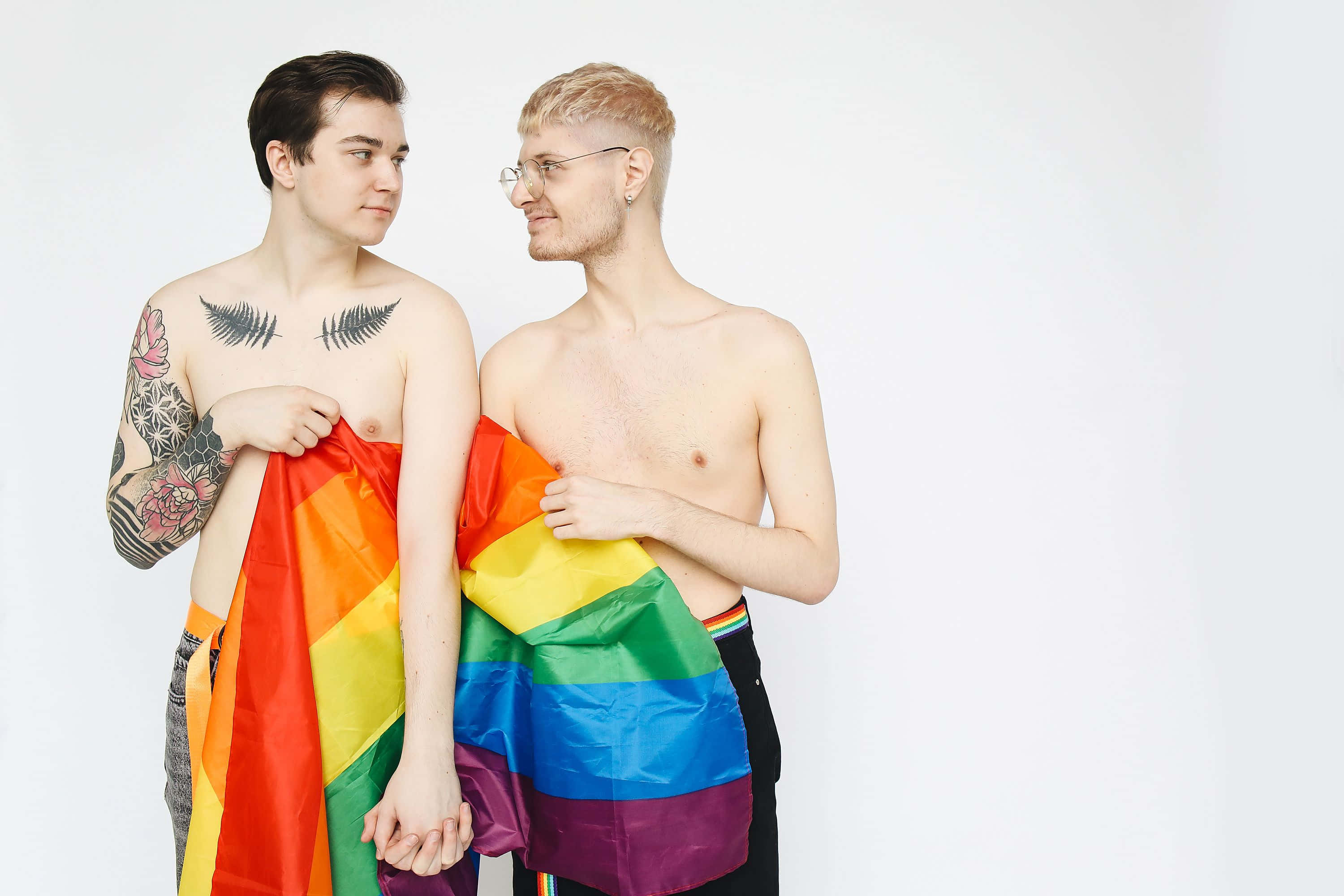 rainbow flag, shirtless men, tattoos, 2K Desktop Wallpaper