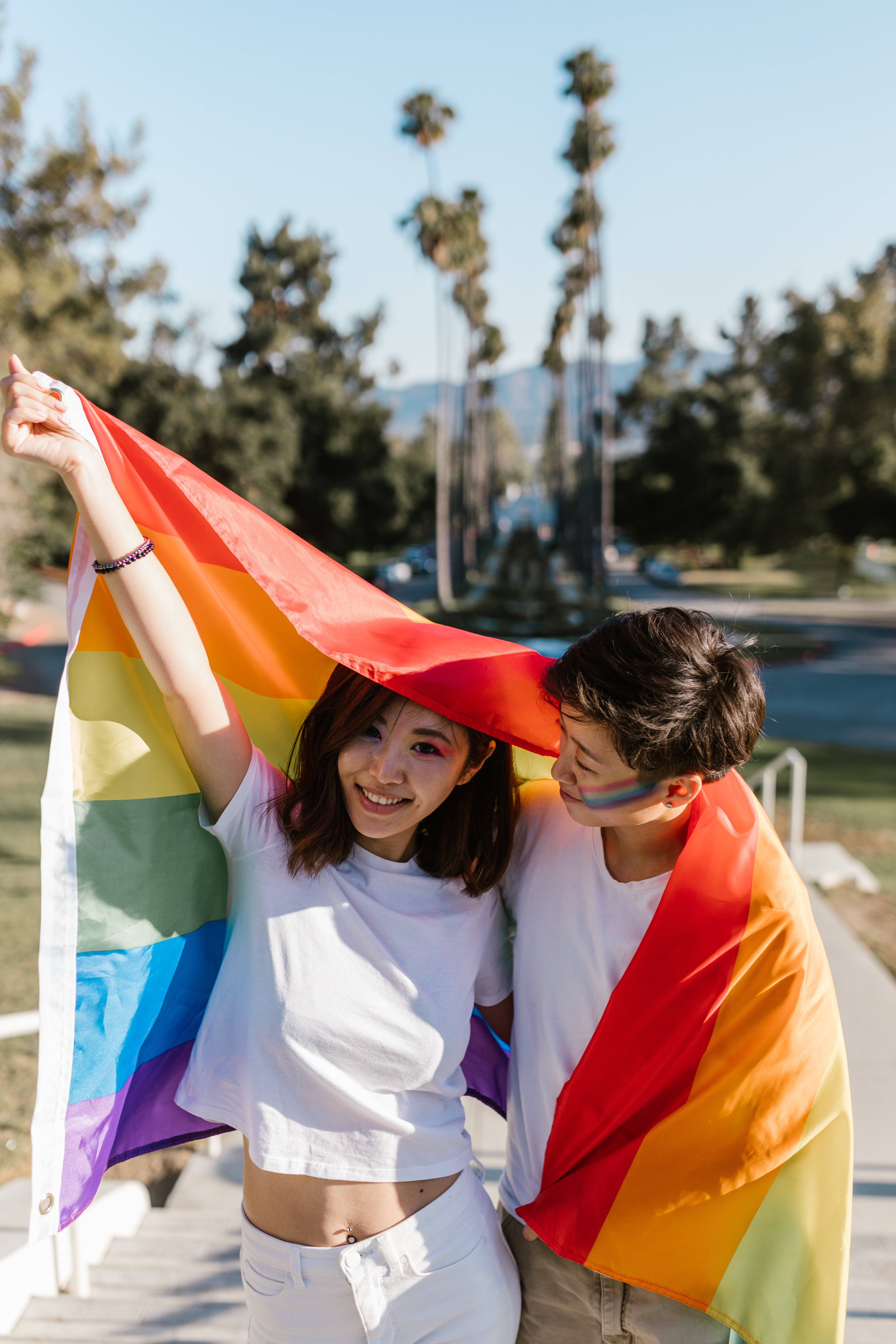 rainbow flag, sunny park, palm trees, 5K Phone Wallpaper