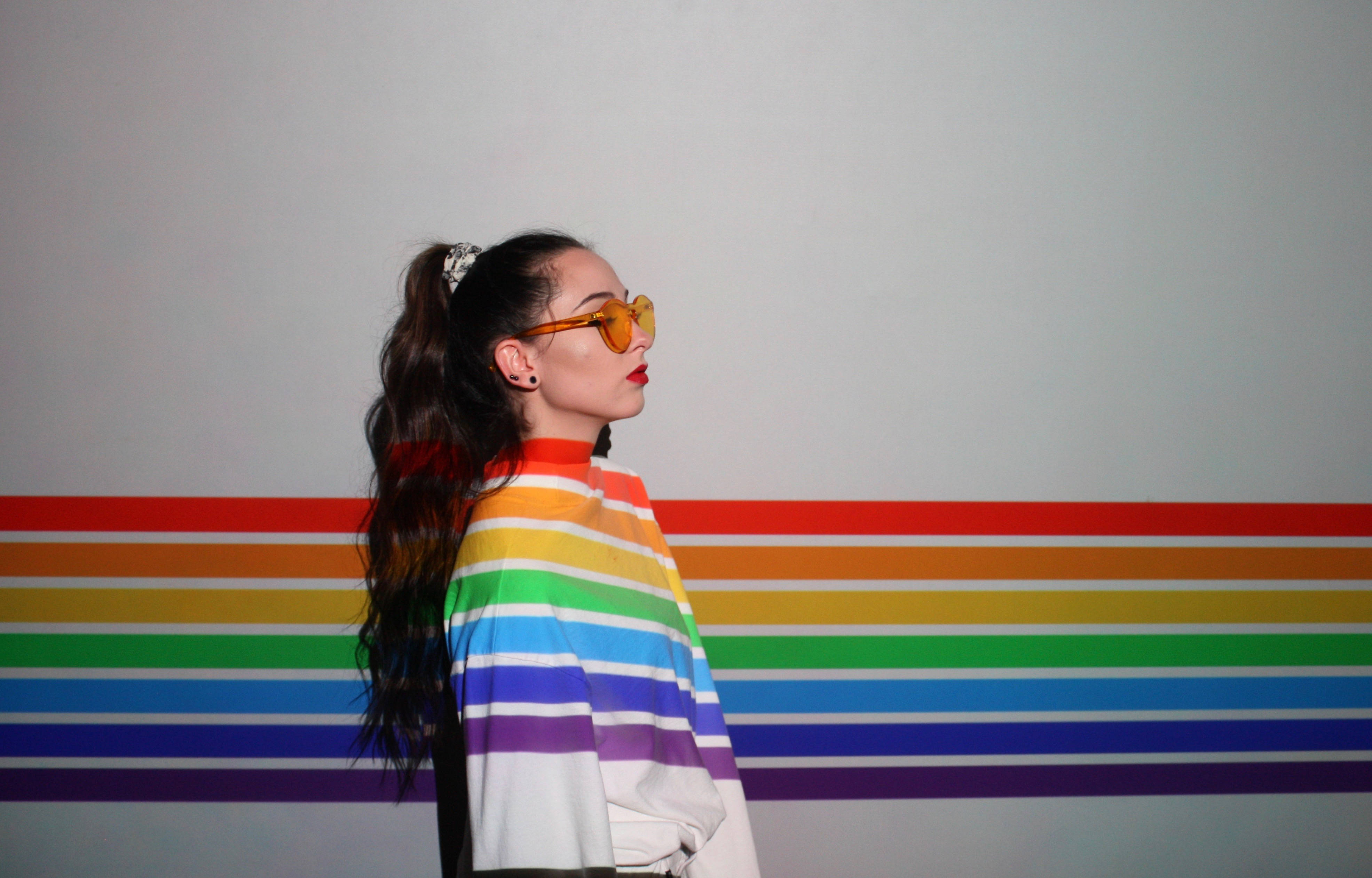 rainbow striped shirt, orange sunglasses, wall with matching rainbow stripes, 4K Desktop Wallpaper