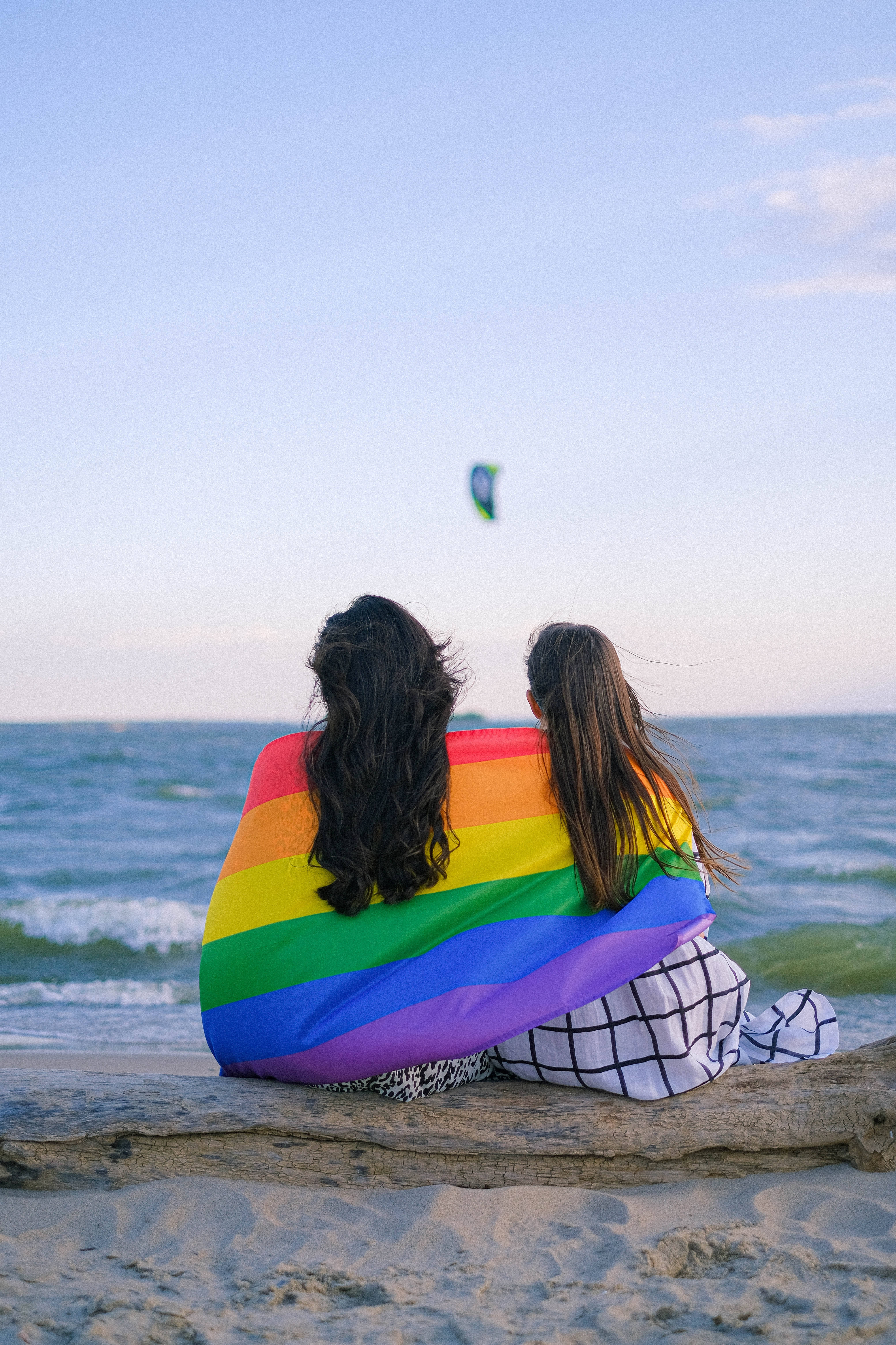 rainbow flag, beach log, kite, 5K Phone Wallpaper