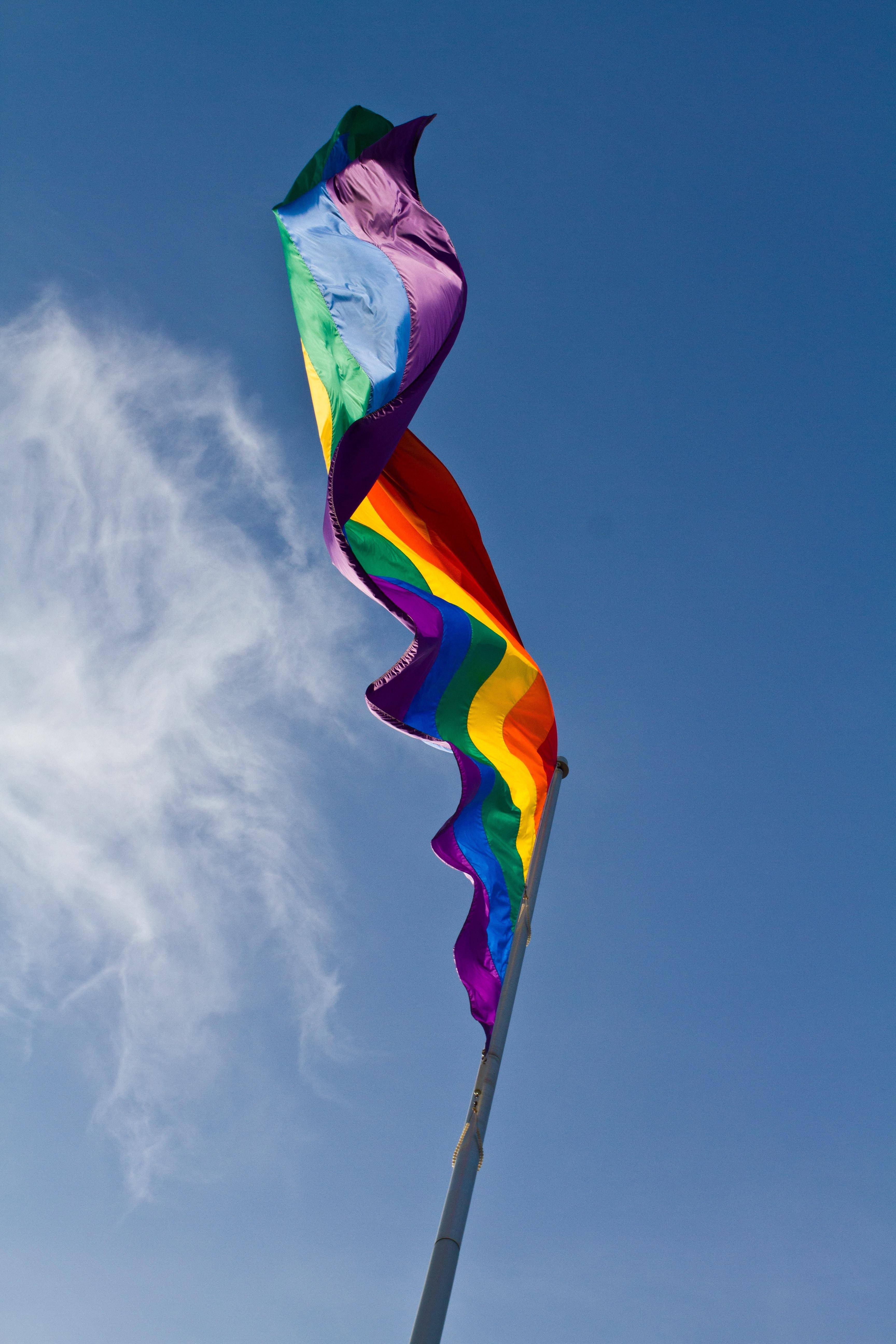 Pride flag, rainbow flag, clear blue sky, 5K Phone Wallpaper