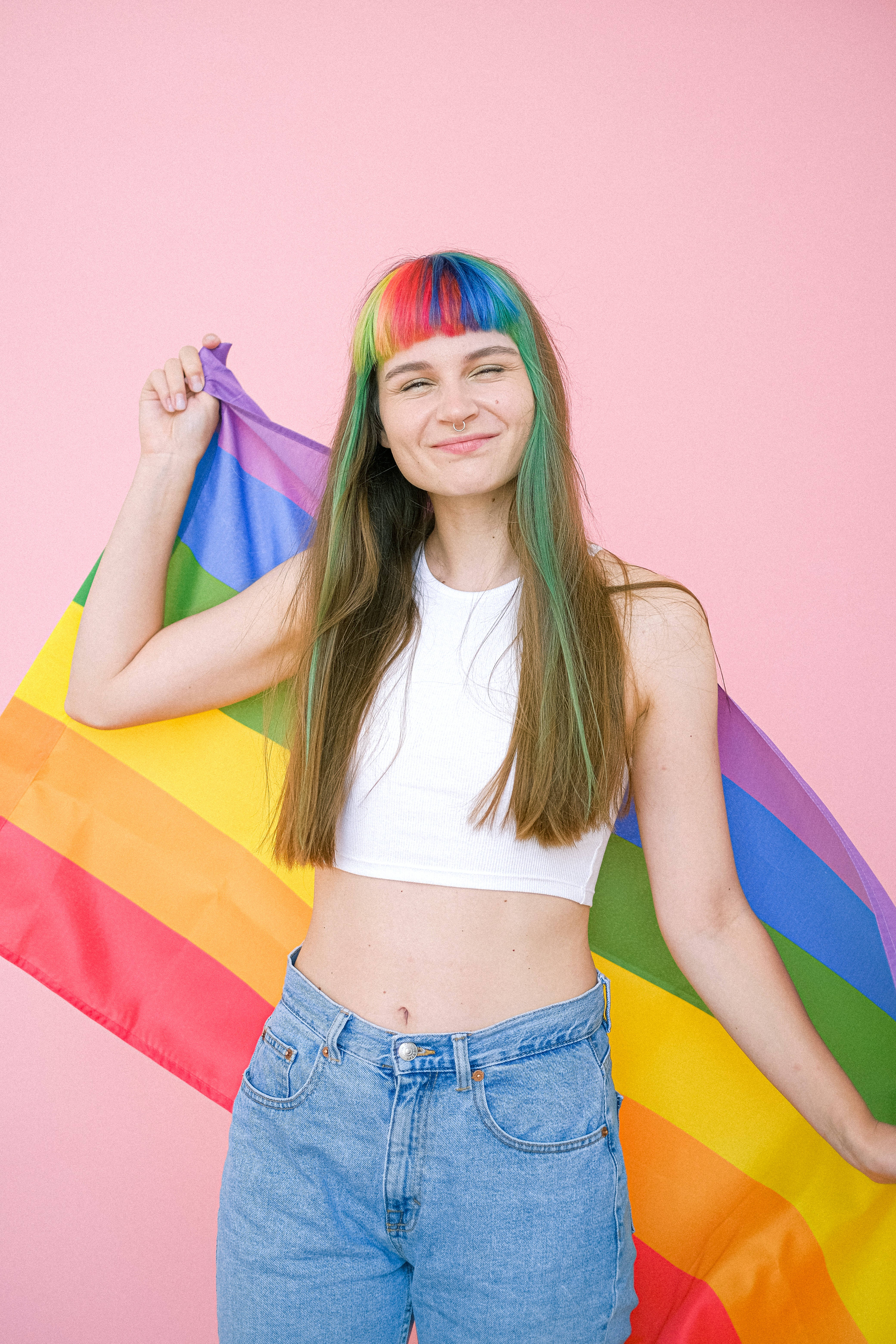rainbow bangs, Pride flag, soft pink studio backdrop, 5K Phone Wallpaper