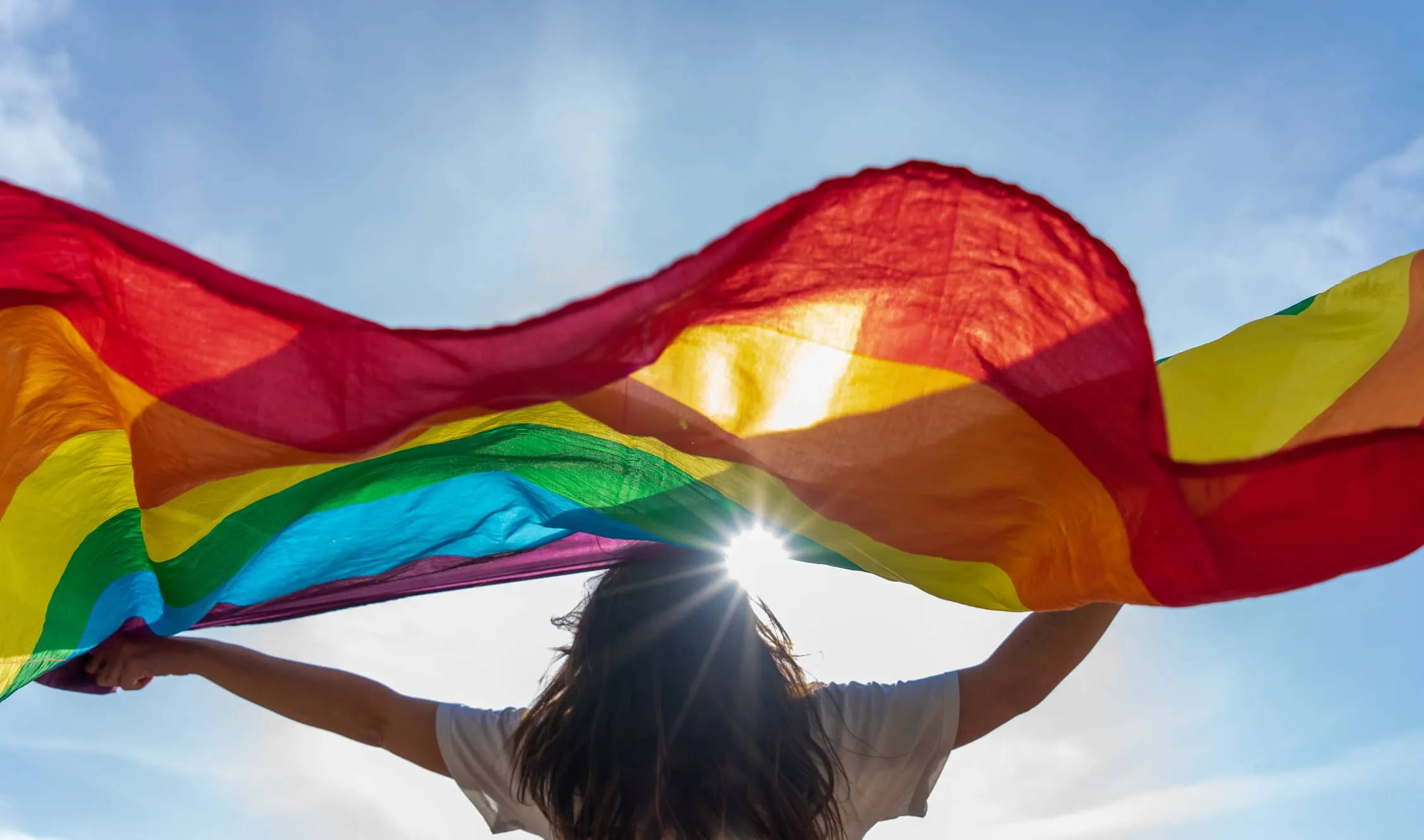 rainbow flag, bright blue sky, sun rays, Full HD Desktop Wallpaper