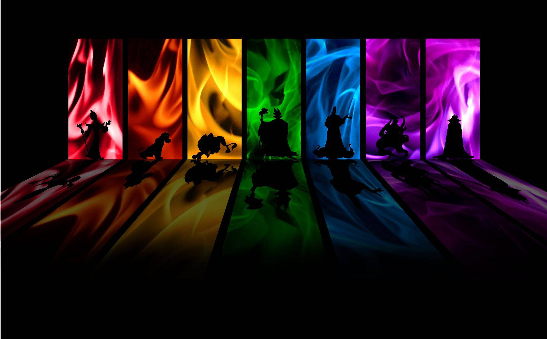 rainbow panels, swirling flames, dark arena, HD Desktop Wallpaper
