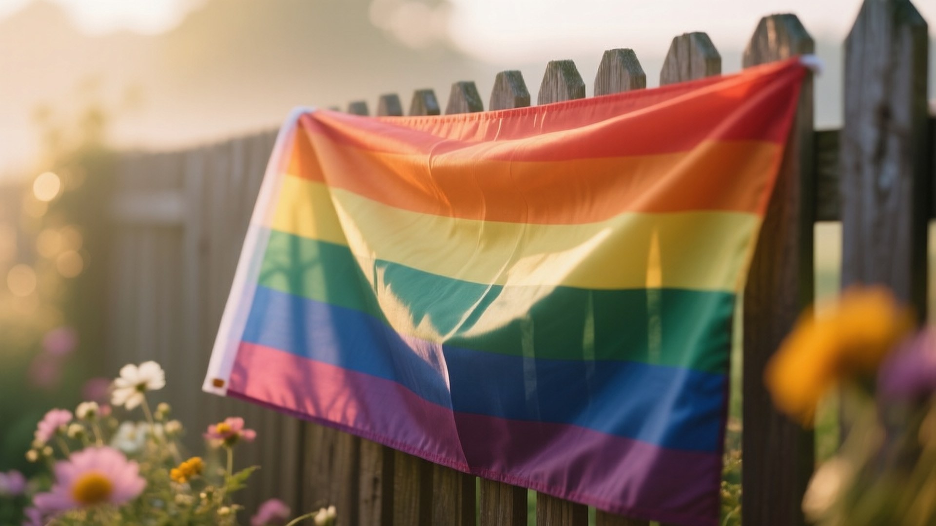 rainbow flag, wooden fence, warm golden sunlight, Full HD Desktop Wallpaper