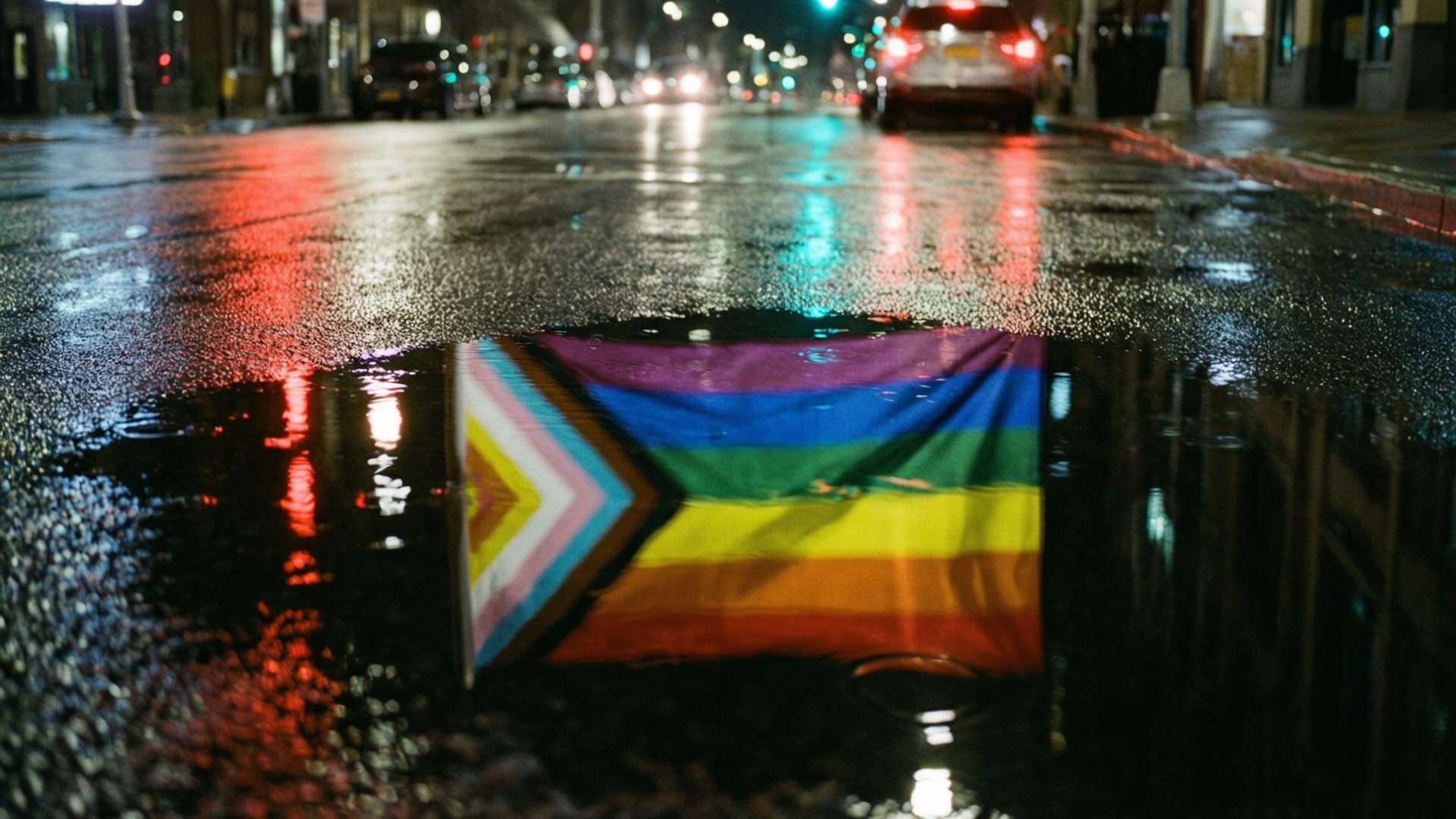 rainbow pride flag, rain puddle, wet city street, Full HD Desktop Wallpaper