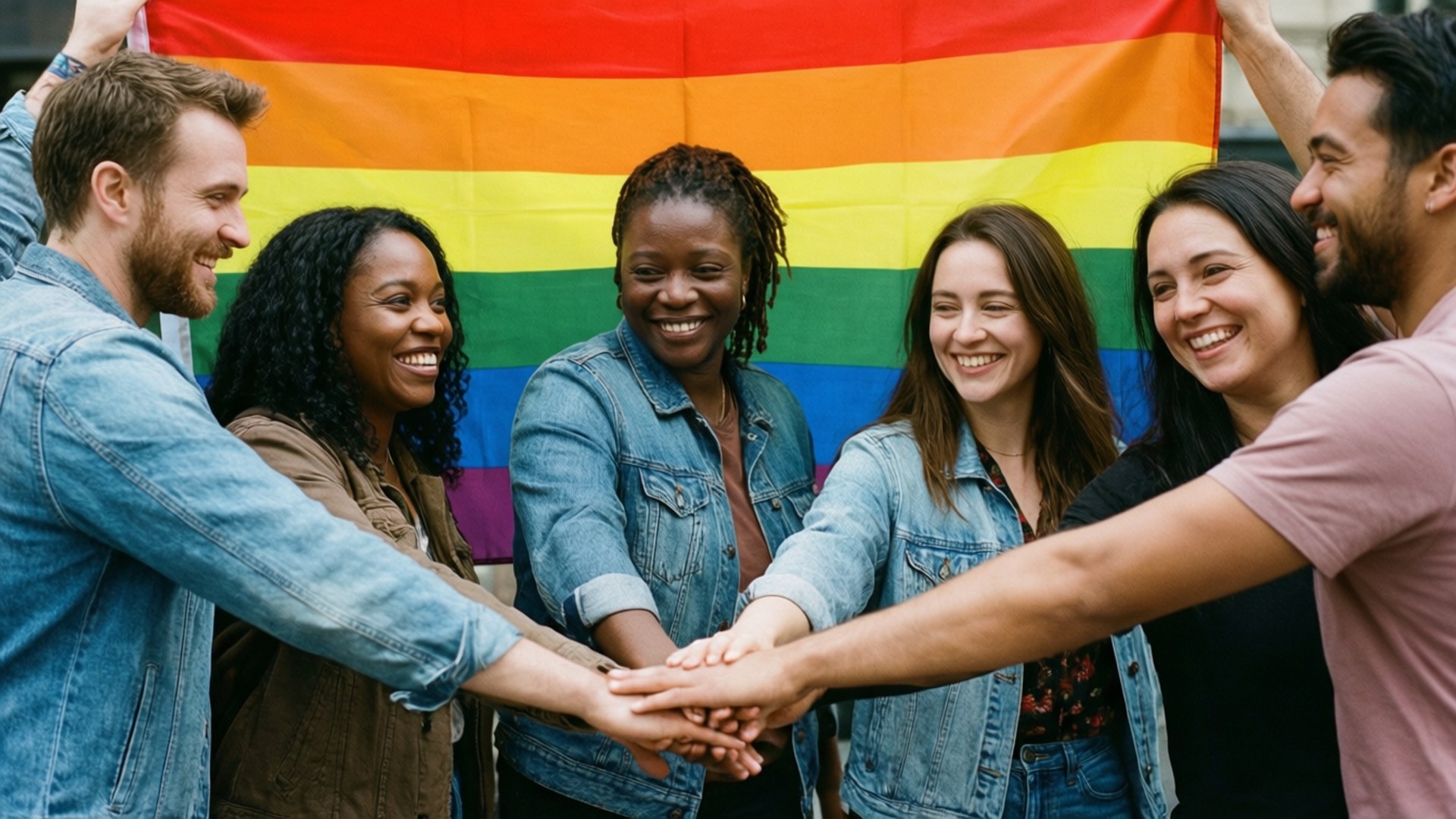 Pride flag, rainbow flag, six diverse smiling people, Full HD Desktop Wallpaper