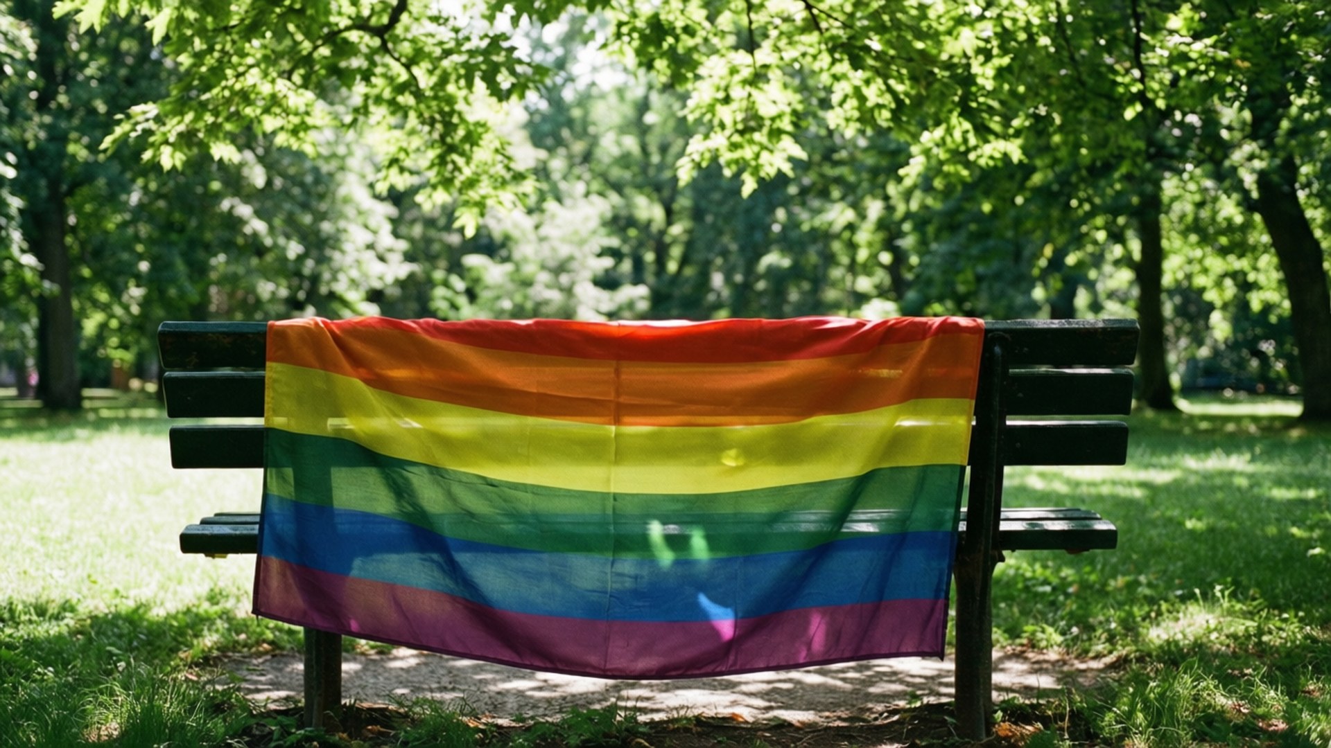 rainbow flag, wooden bench, sunlit park, Full HD Desktop Wallpaper