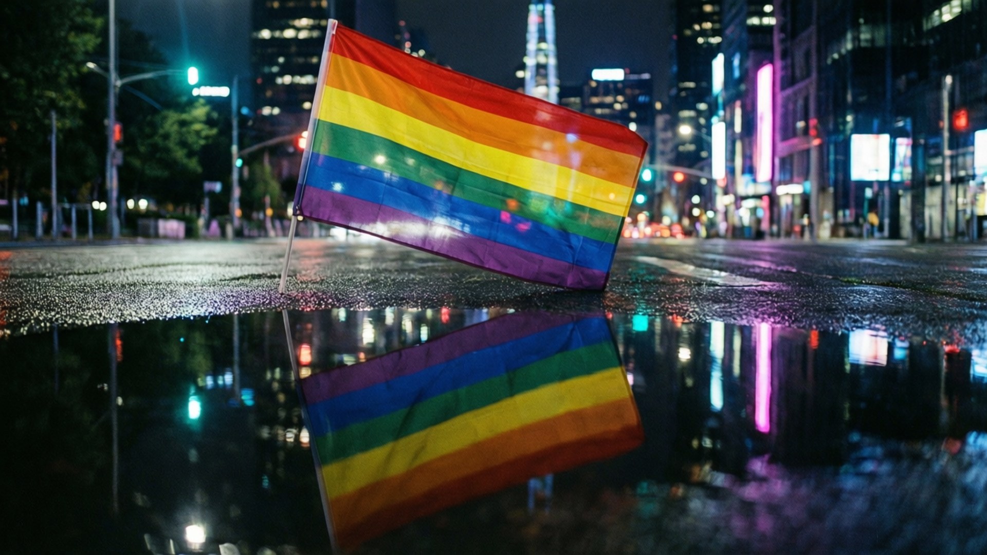 rainbow flag, rain puddle, wet city street, Full HD Desktop Wallpaper