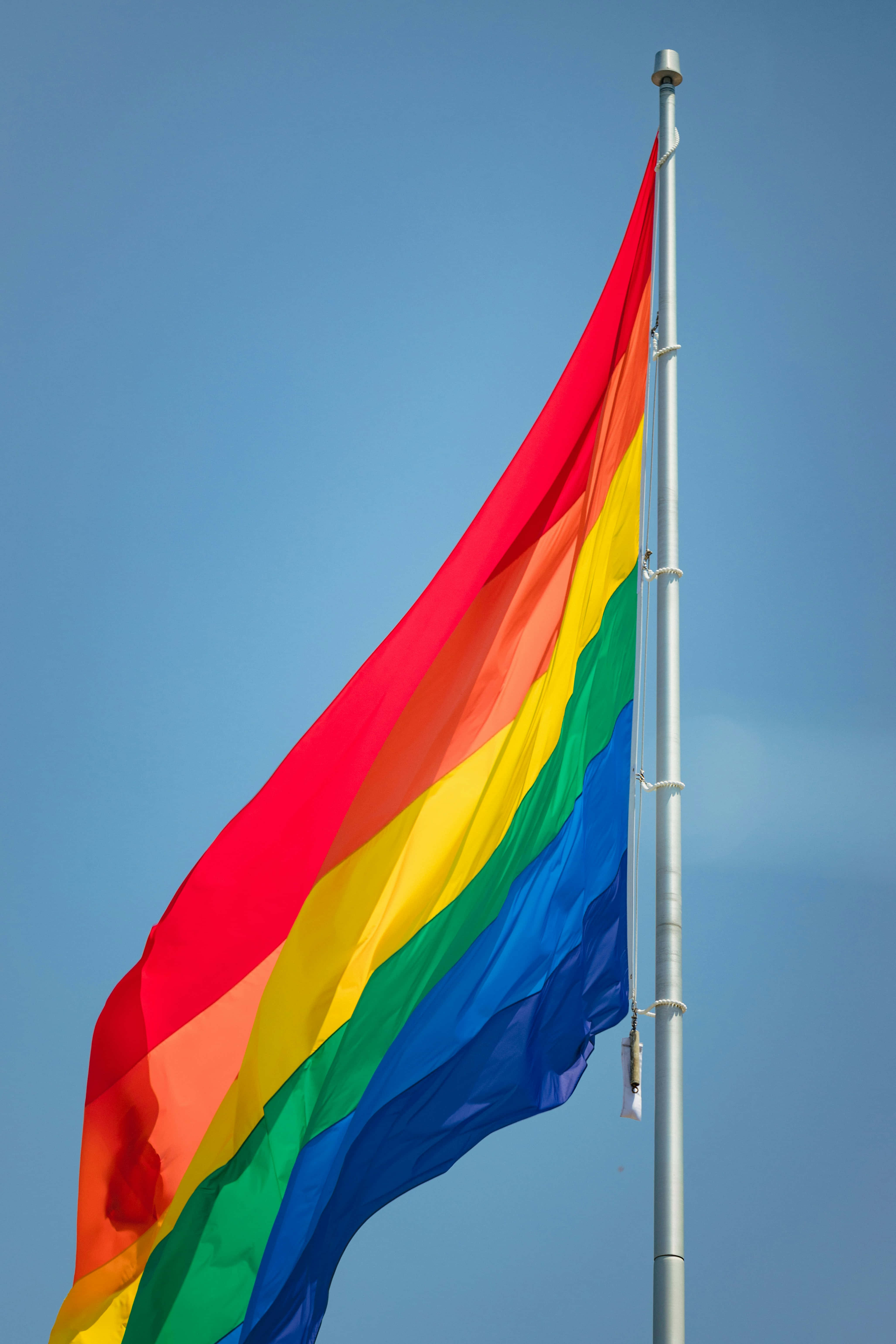rainbow flag, blue sky, silver flagpole, 5K Phone Wallpaper