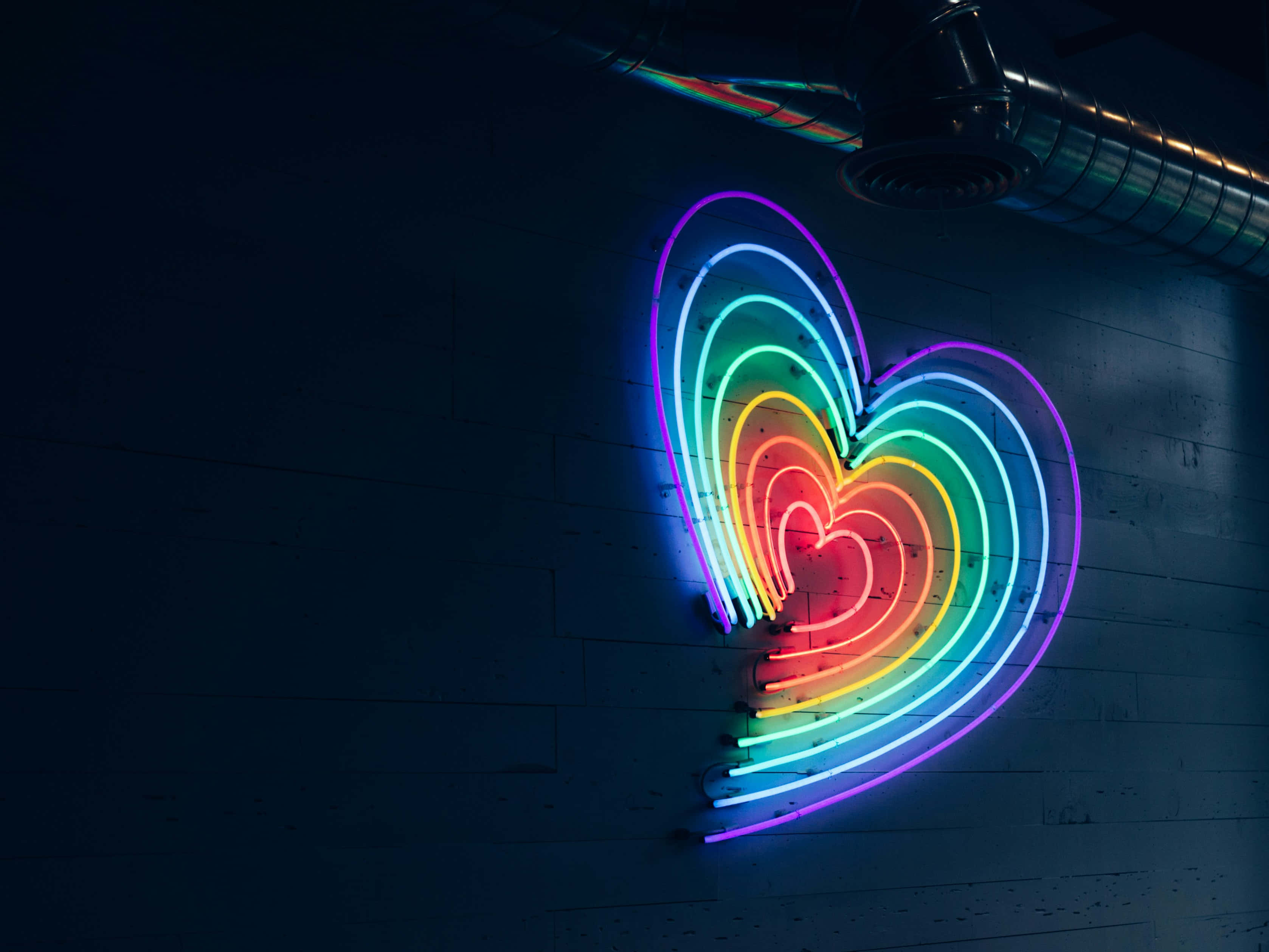 rainbow heart, neon light, dark brick wall, 2K Desktop Wallpaper