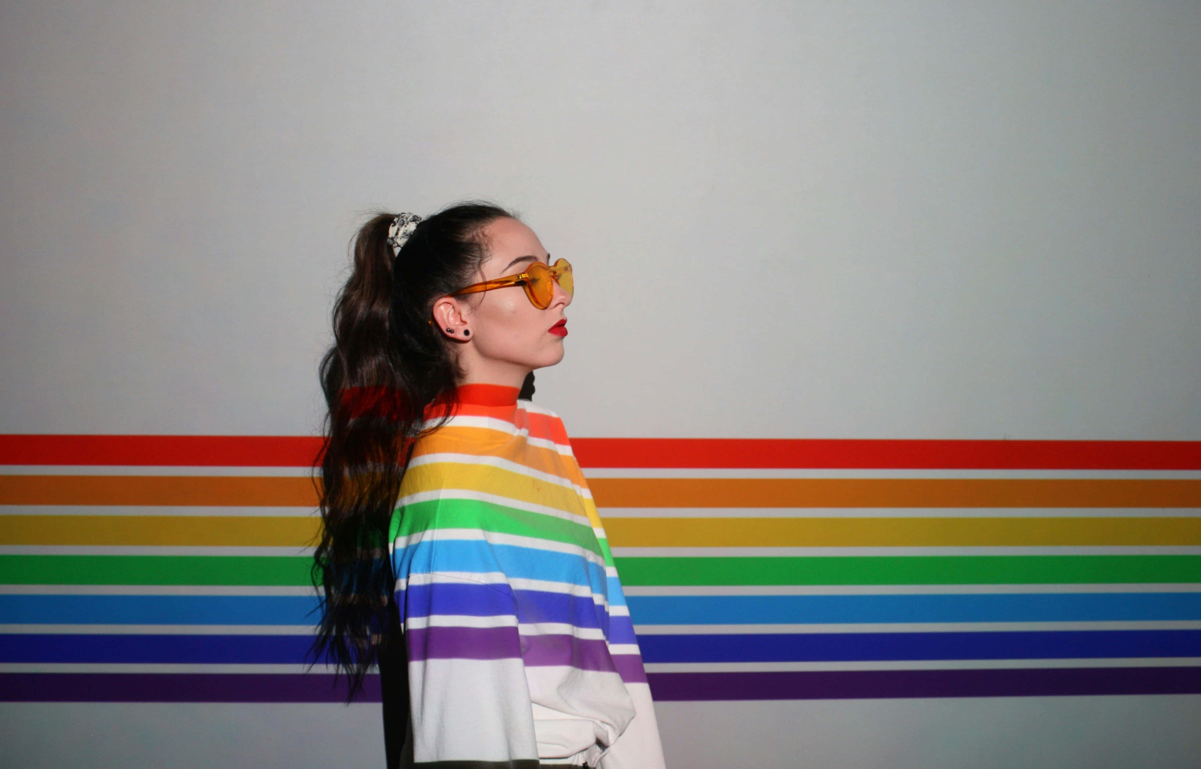 rainbow stripes, rainbow striped shirt, yellow sunglasses, 4K Desktop Wallpaper