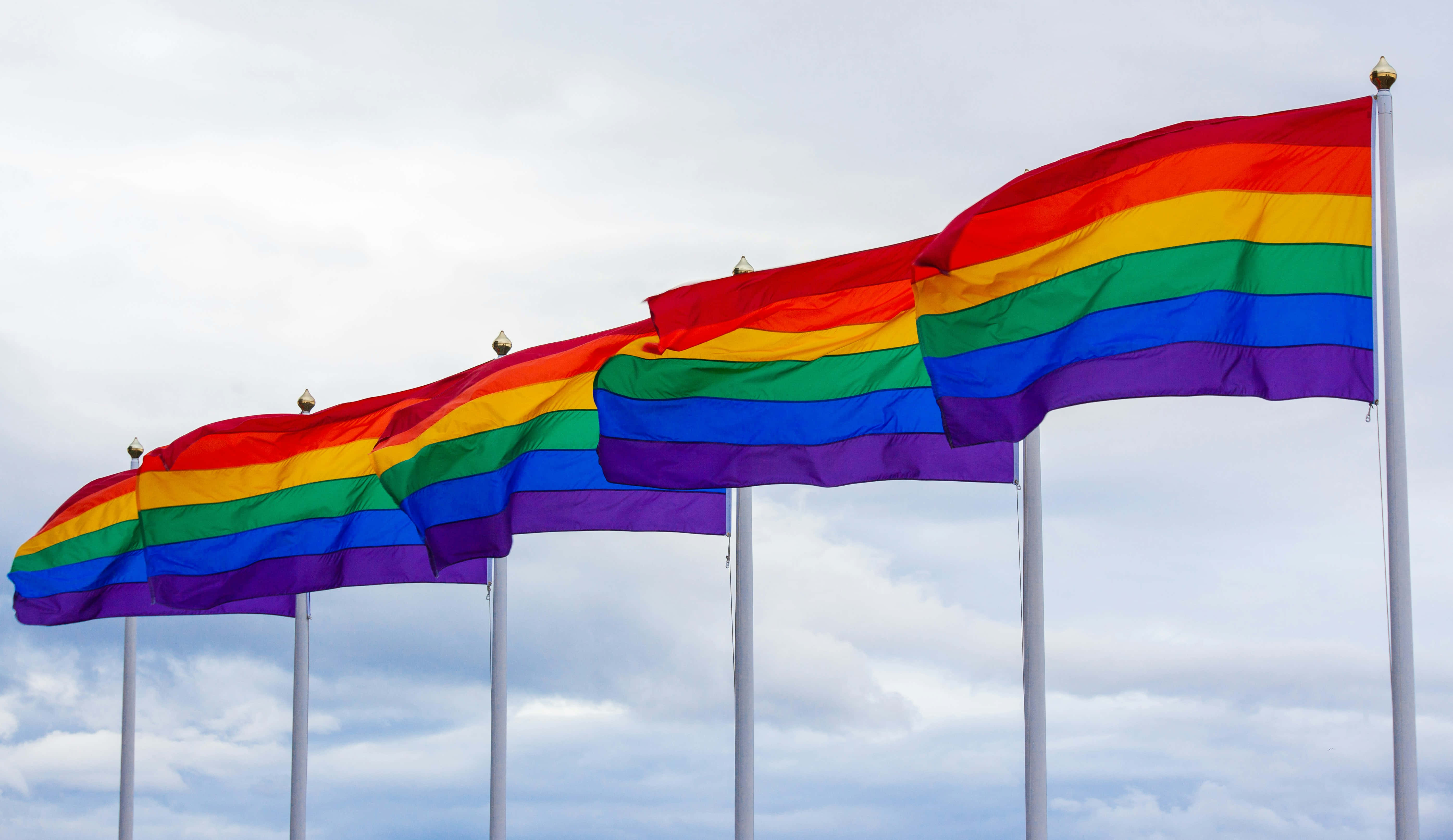 rainbow flags, cloudy sky, poles, 5K Desktop Wallpaper