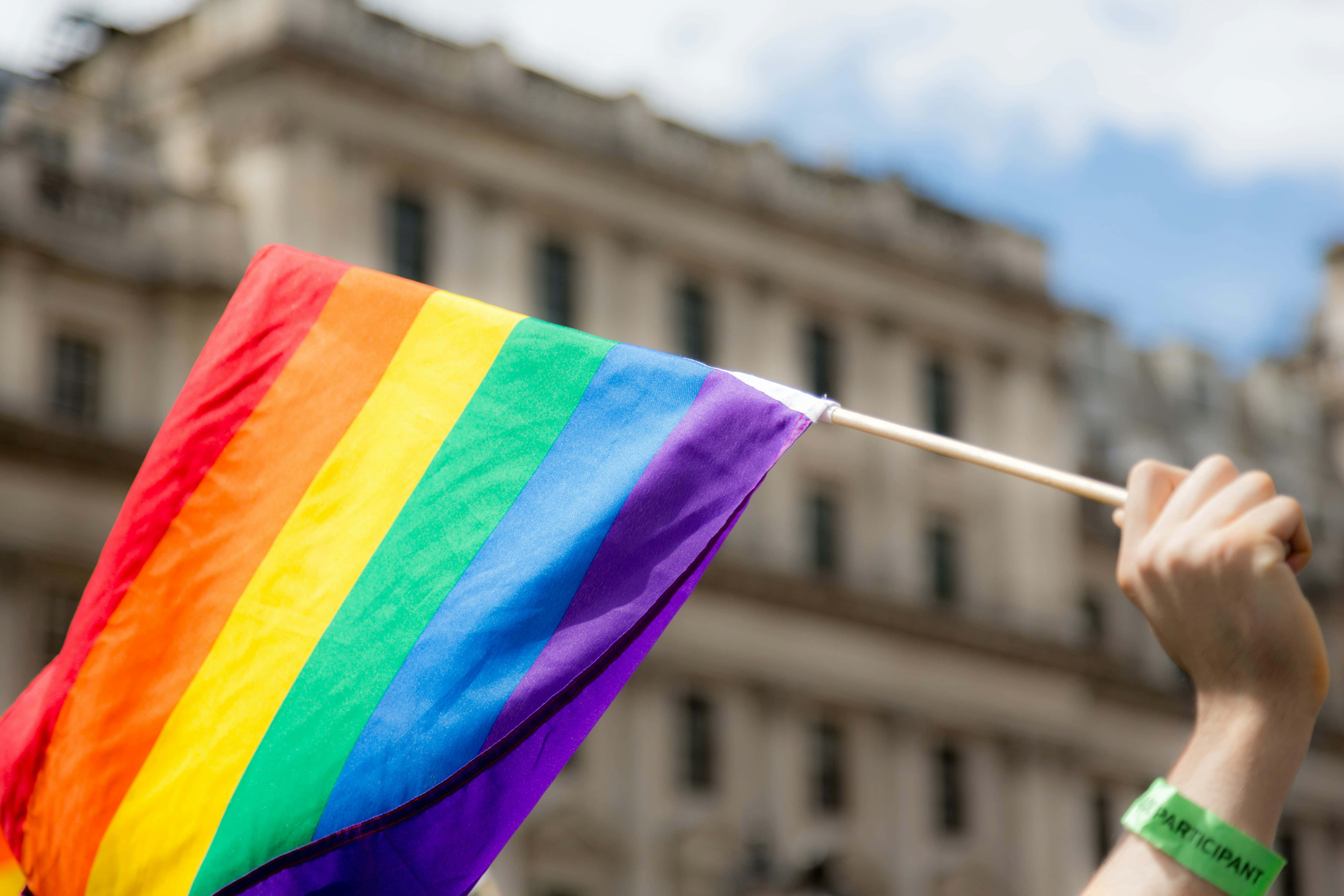 rainbow flag, historic building, bright blue sky, 5K Desktop Wallpaper