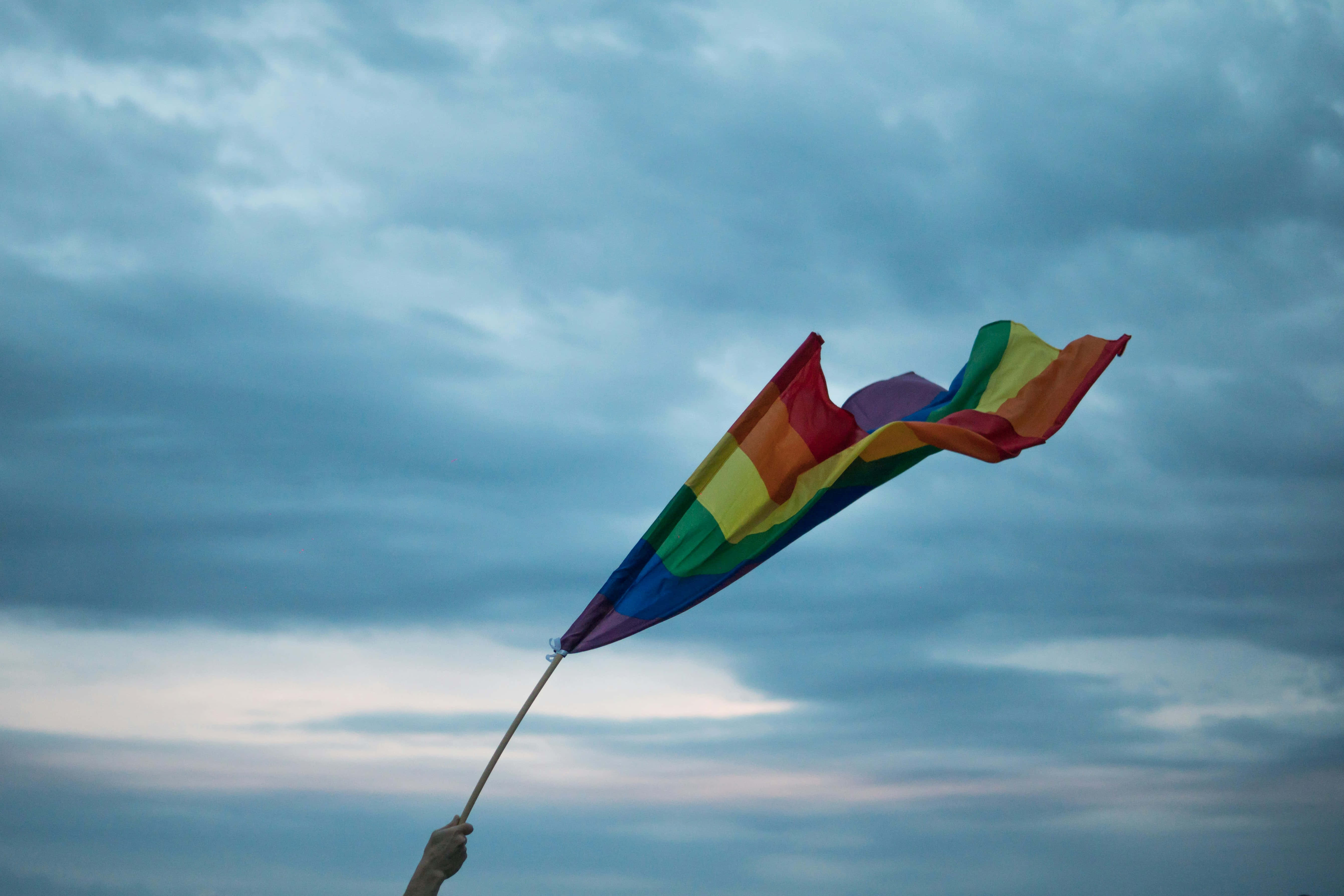rainbow flag, twilight sky, cloudy sky, 5K Desktop Wallpaper