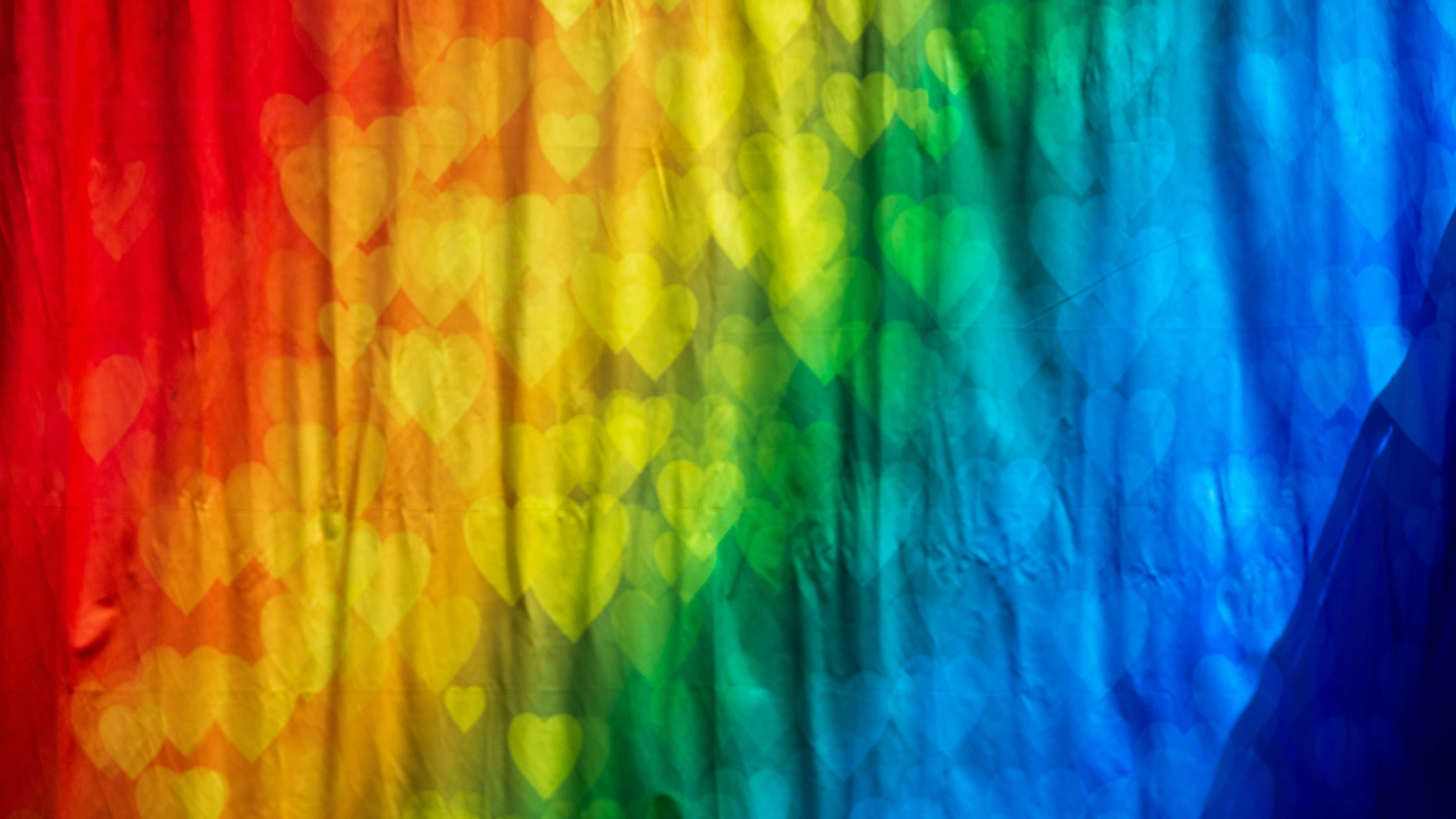 rainbow hearts, rainbow fabric, heart-shaped bokeh, 5K Desktop Wallpaper
