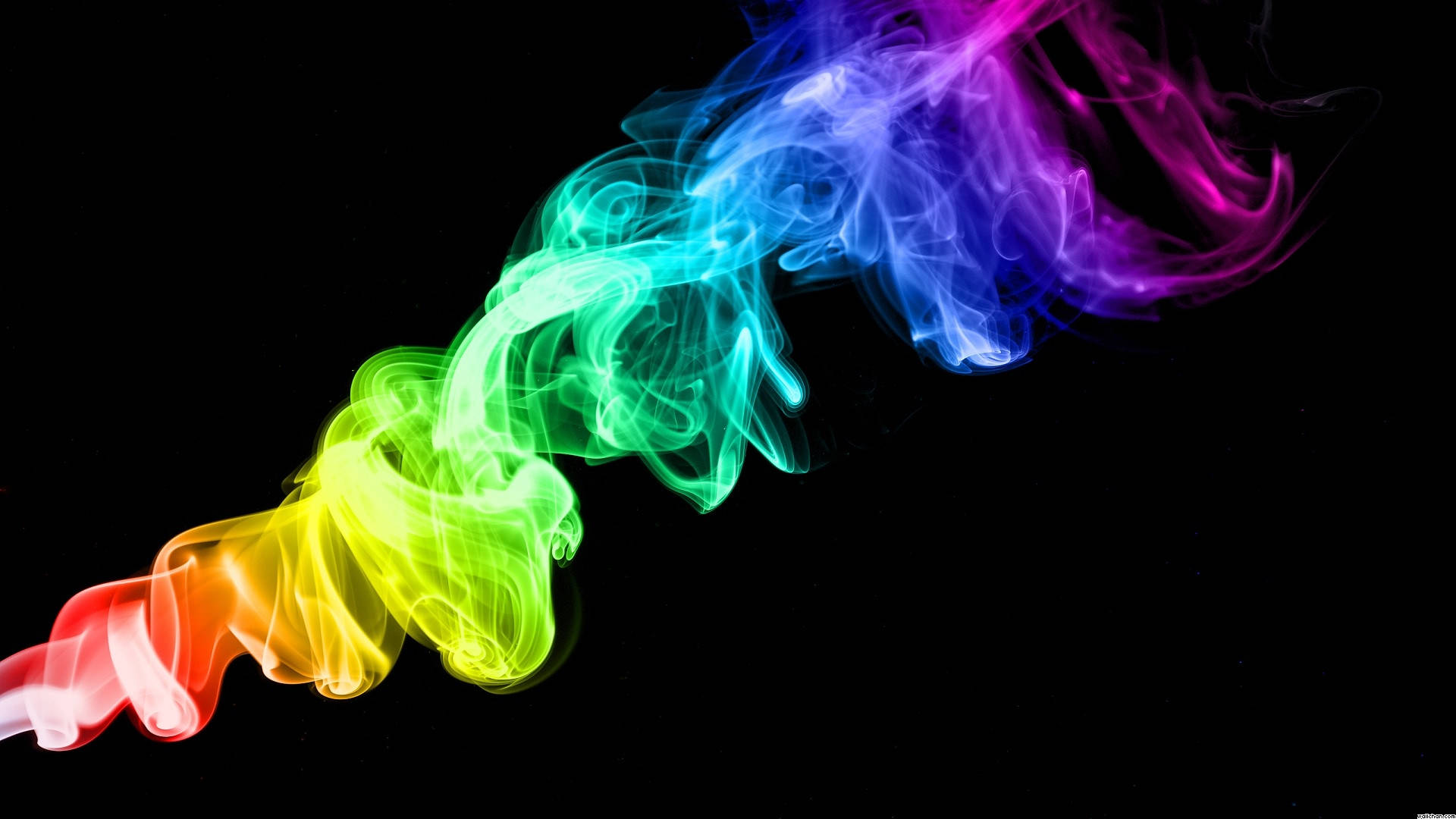 glowing rainbow smoke, rainbow-colored smoke, stark black background, Full HD Desktop Wallpaper