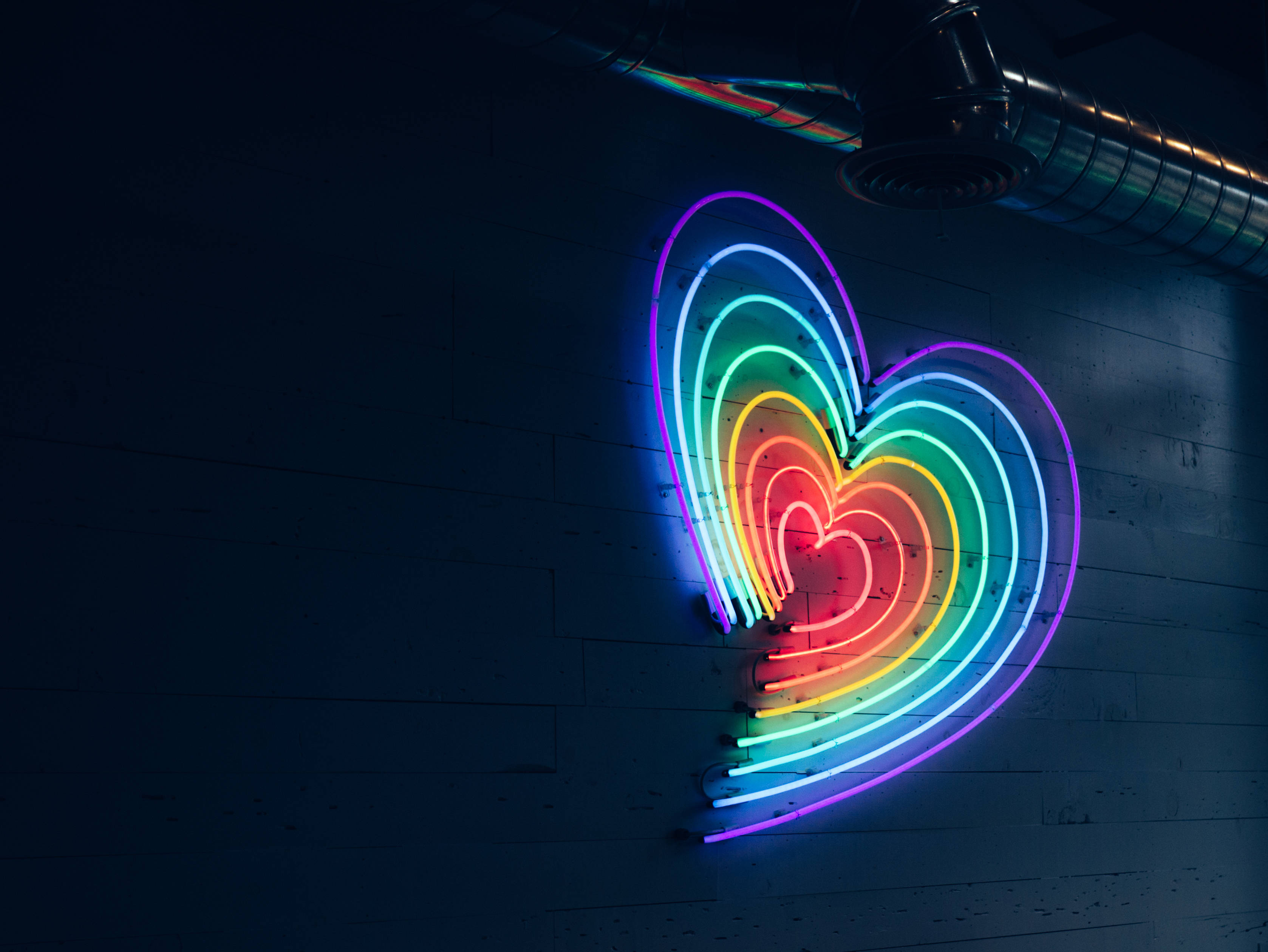 neon heart, dark brick wall, industrial ducts, 2K Desktop Wallpaper
