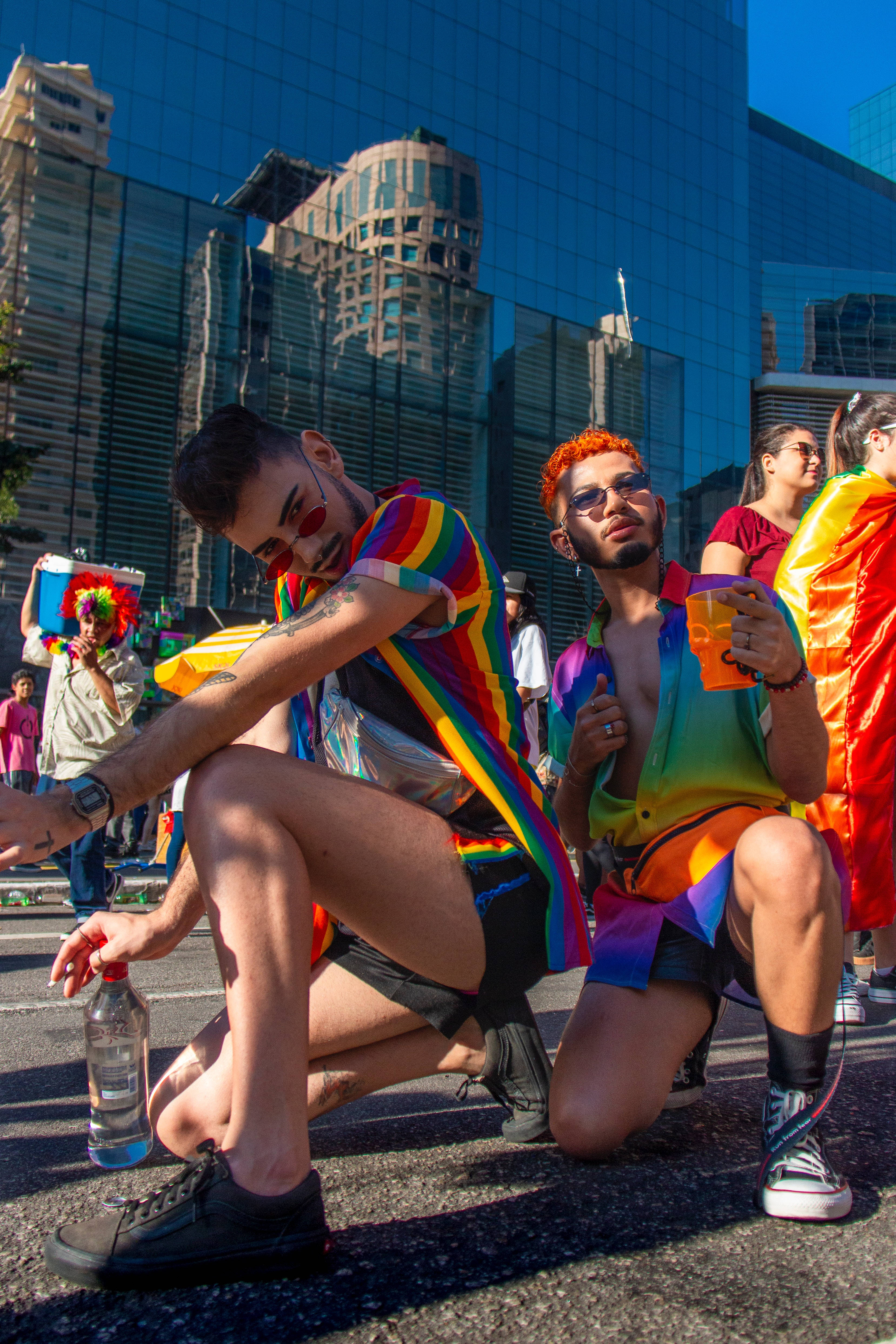 rainbow outfits, city street, sunny parade, 4K Phone Wallpaper
