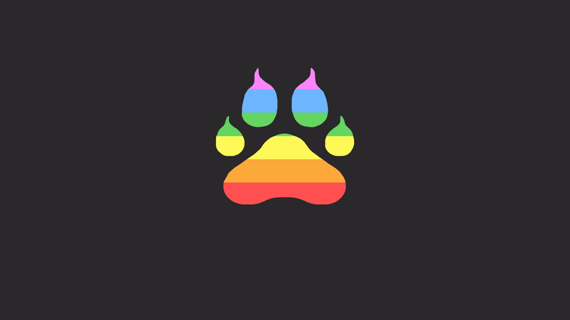 rainbow paw print, dark gray background, flat geometric shapes, Full HD Desktop Wallpaper