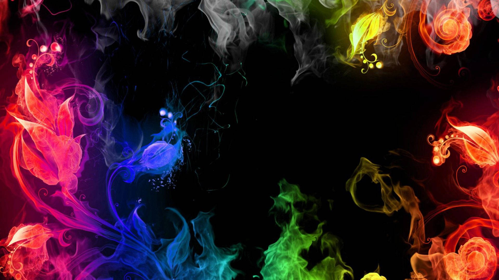 rainbow smoke, floral patterns, black background, Full HD Desktop Wallpaper