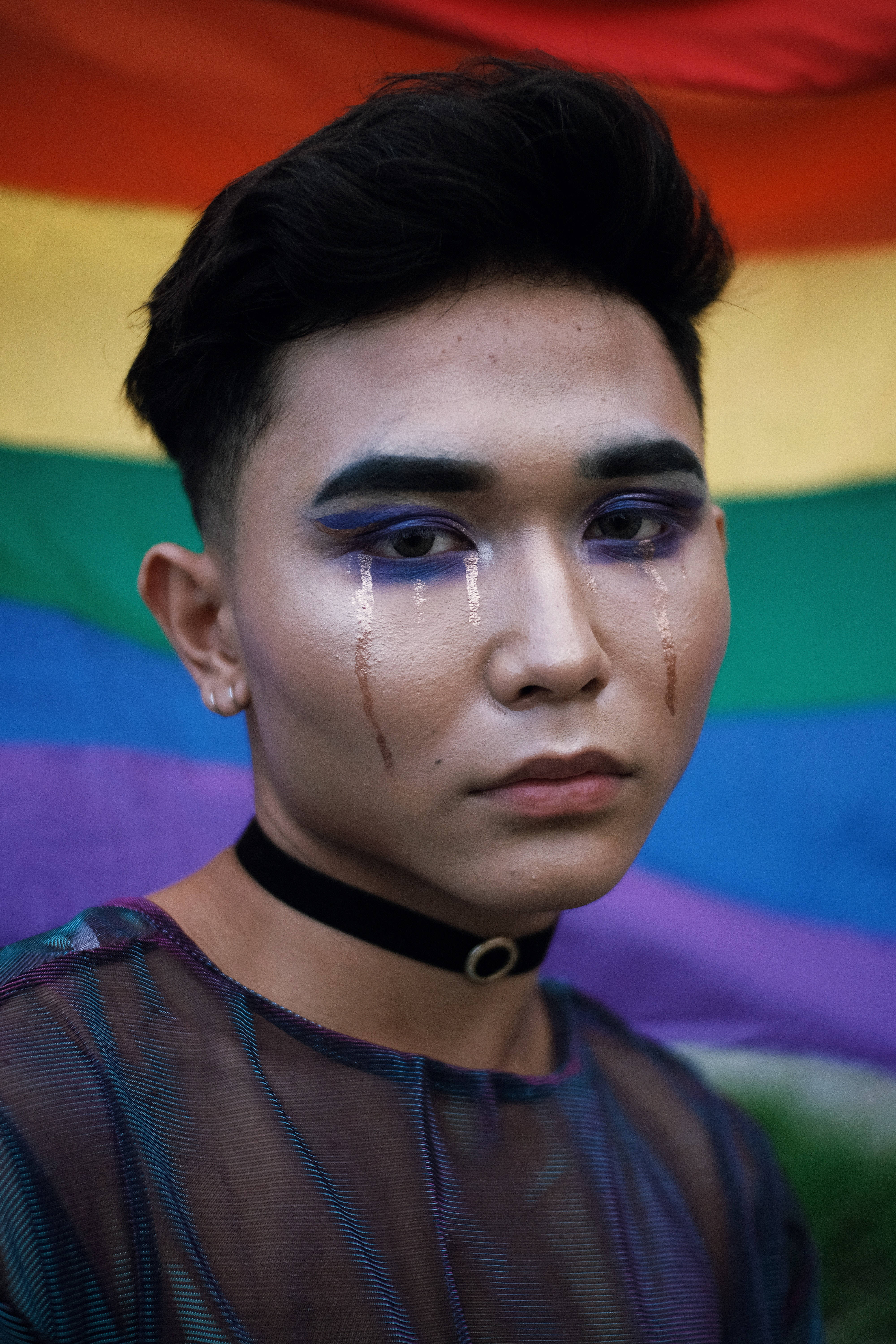 purple eye makeup, glittering tears, rainbow flag, 5K Phone Wallpaper