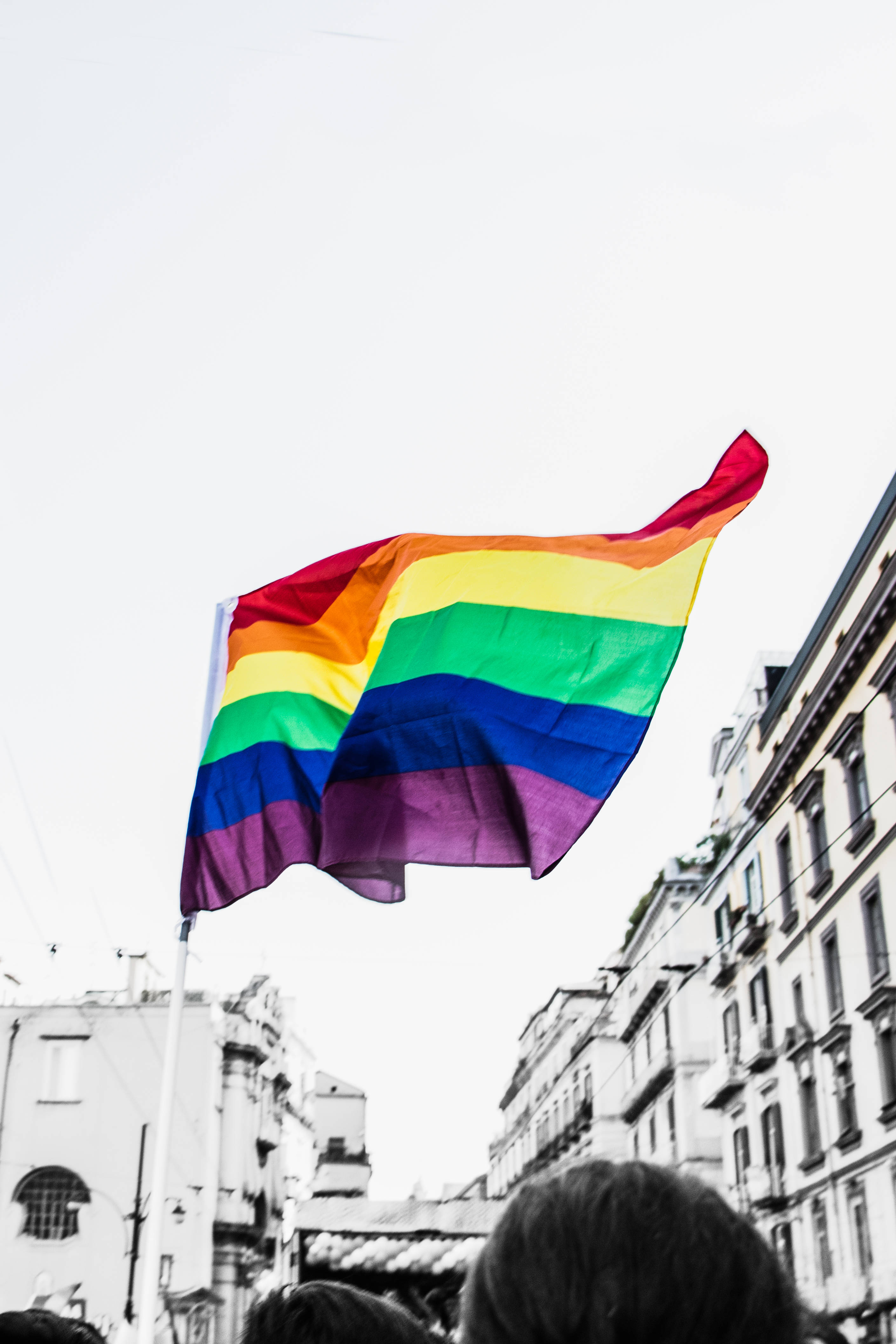 rainbow flag, white sky, urban street, 4K Phone Wallpaper