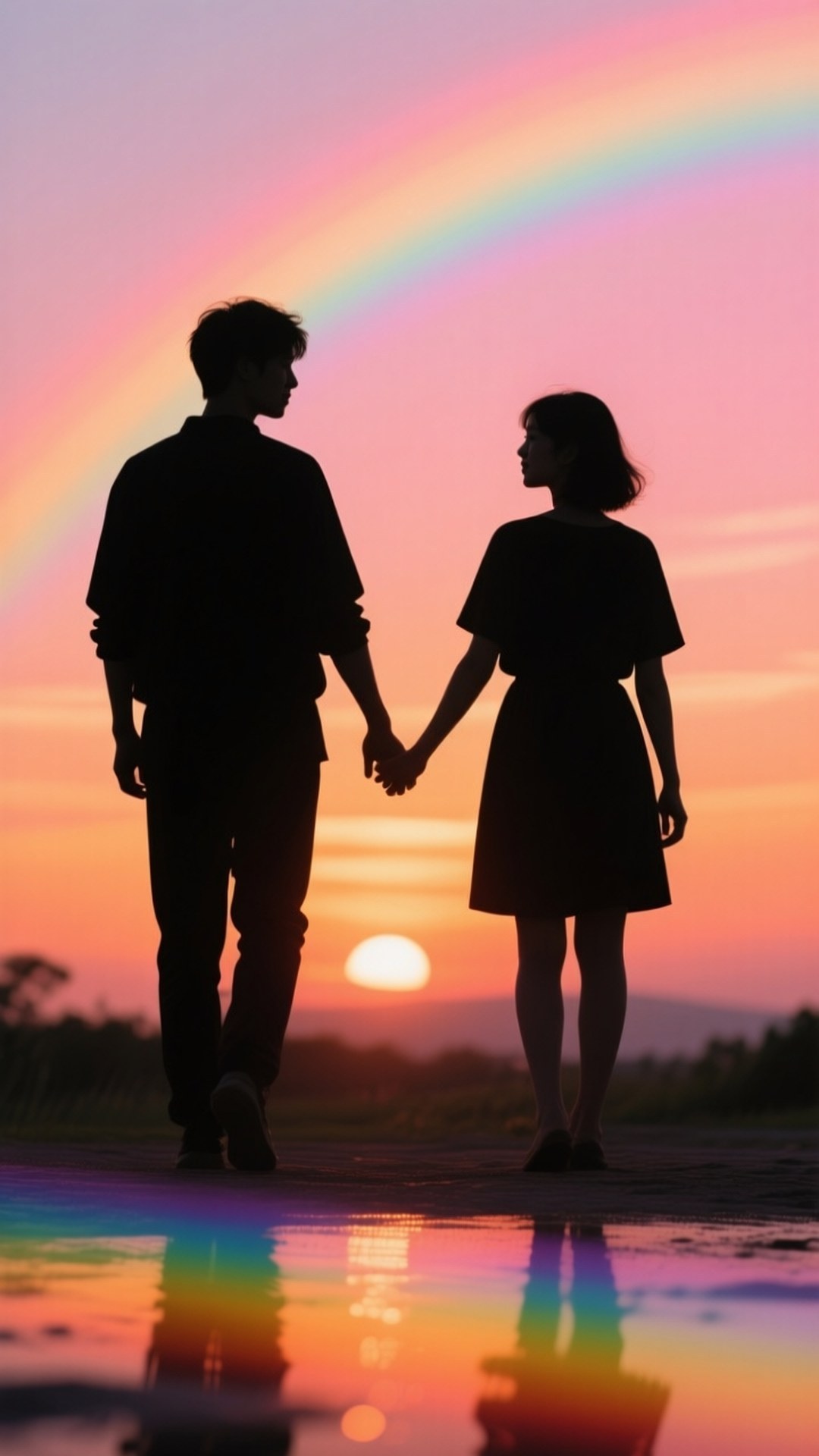 couple, sunset, rainbow, Full HD Phone Wallpaper