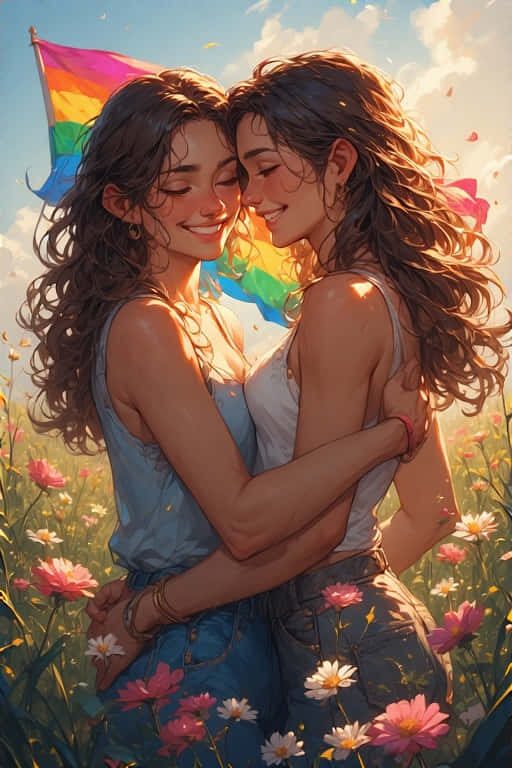 lesbian couple, rainbow flag, sunlit field, SD Phone Wallpaper