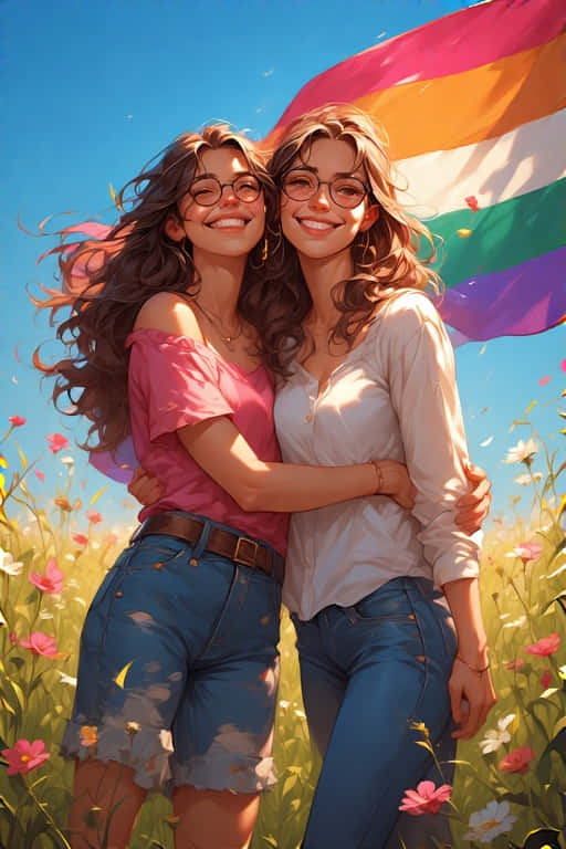 lesbian couple, pride flag, sunlit field of wildflowers, SD Phone Wallpaper