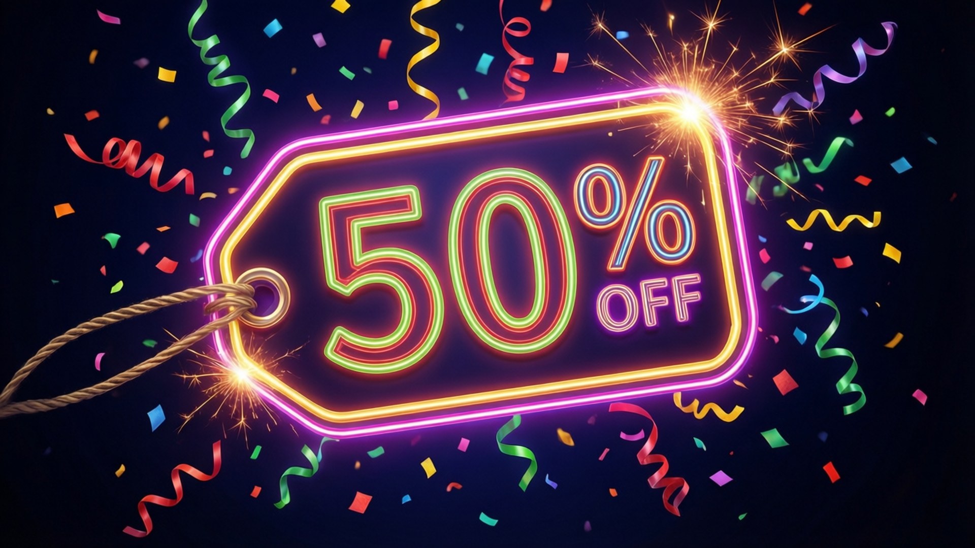 neon 50% off tag, fireworks, colorful confetti, Full HD Desktop Wallpaper