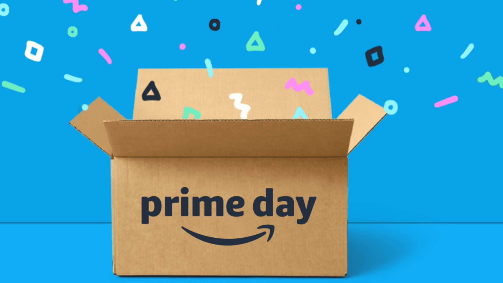 Prime Day, brown cardboard box, colorful confetti, Full HD Desktop Wallpaper